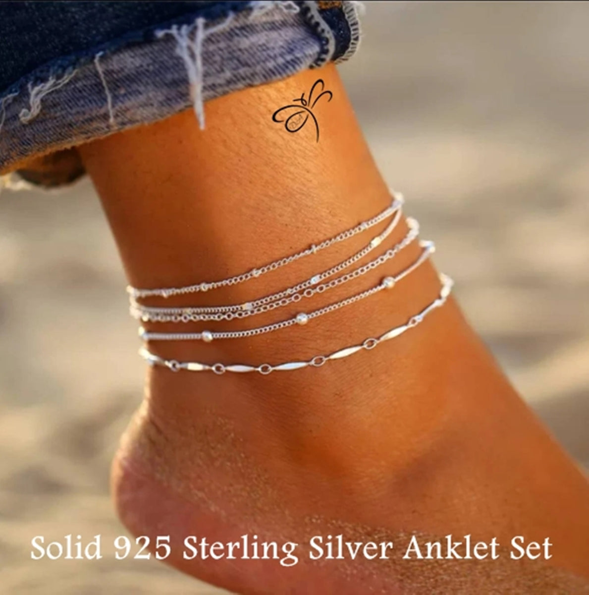 5 Anklet Set in Sterling Silver Platinum Plated DesignbyAthena