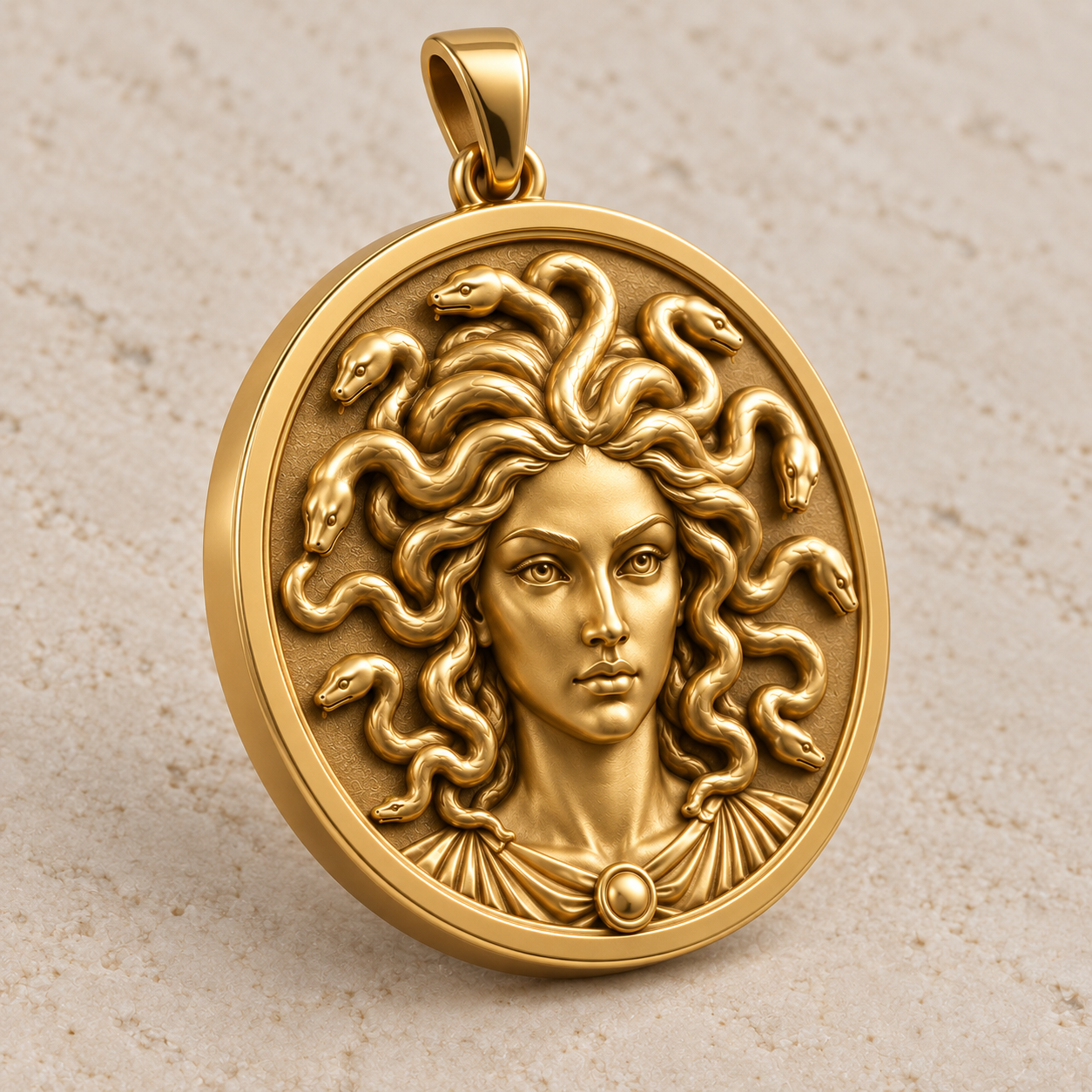 Medusa Pendant in 14K yellow gold shown at an angle to highlight high relief snake details