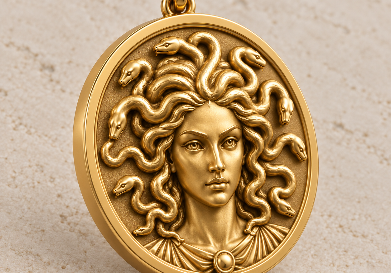 Medusa Pendant in 14K yellow gold shown at an angle to highlight high relief snake details