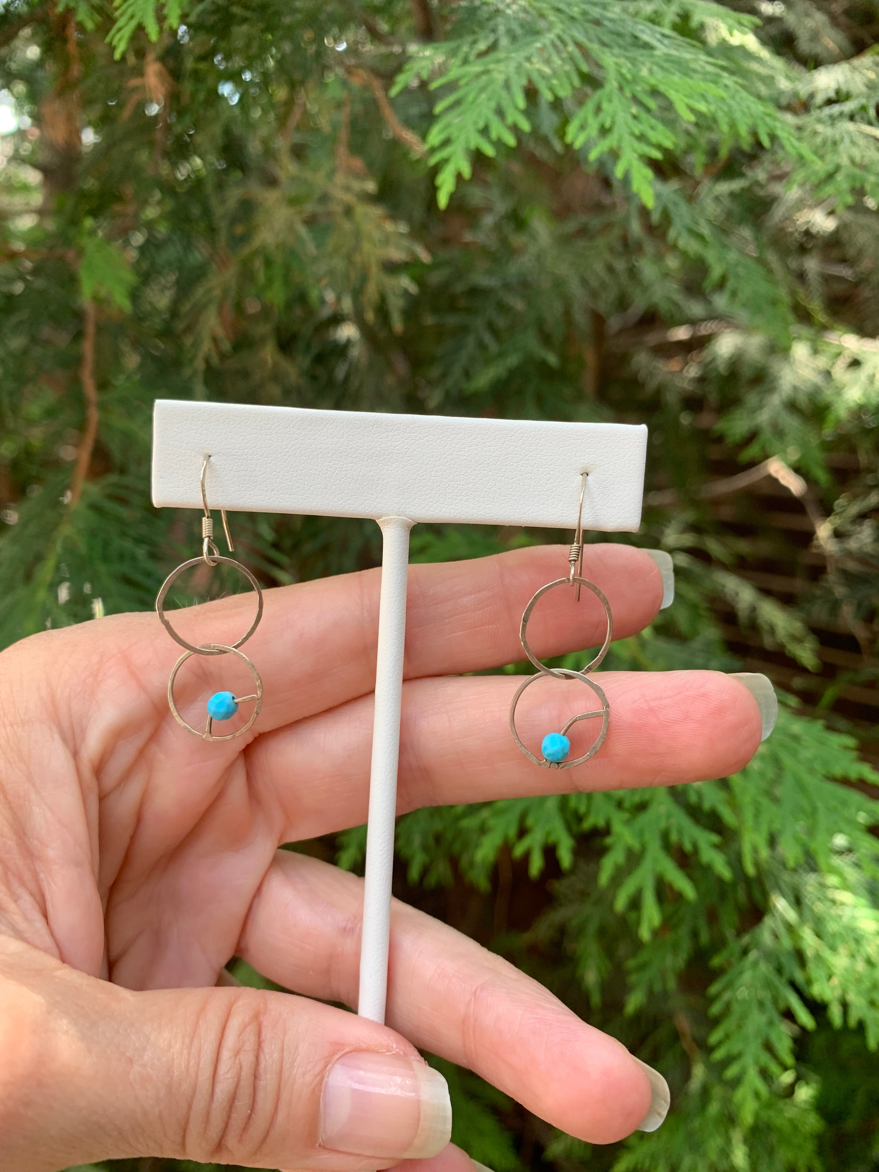 Sterling Silver Double Circle Earrings with Turquoise Beads – Handcrafted & Free-Moving Design