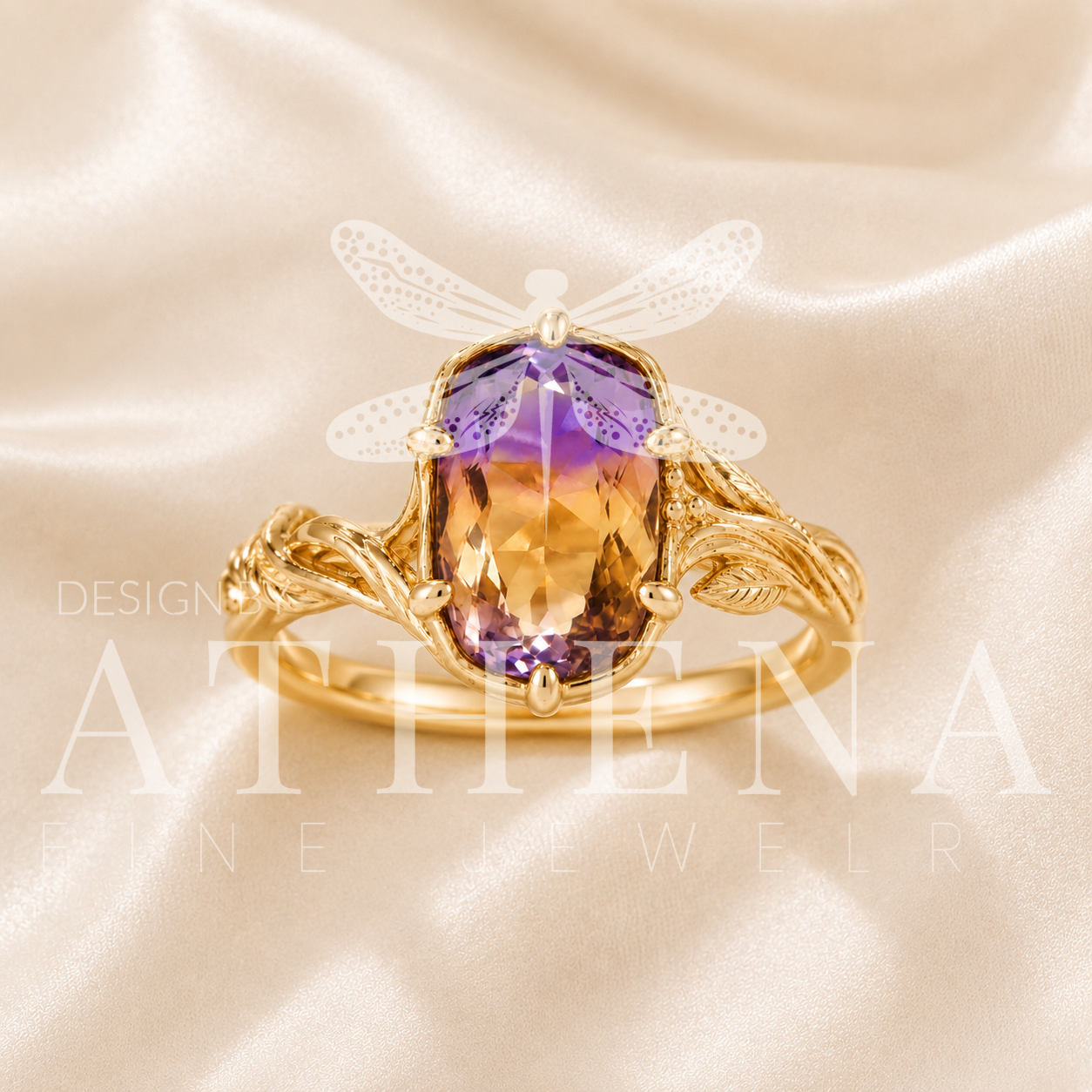 Ametrine Botanical Engagement Ring — Alternative 14K Gold Ring with 12 × 10 mm Ametrine
