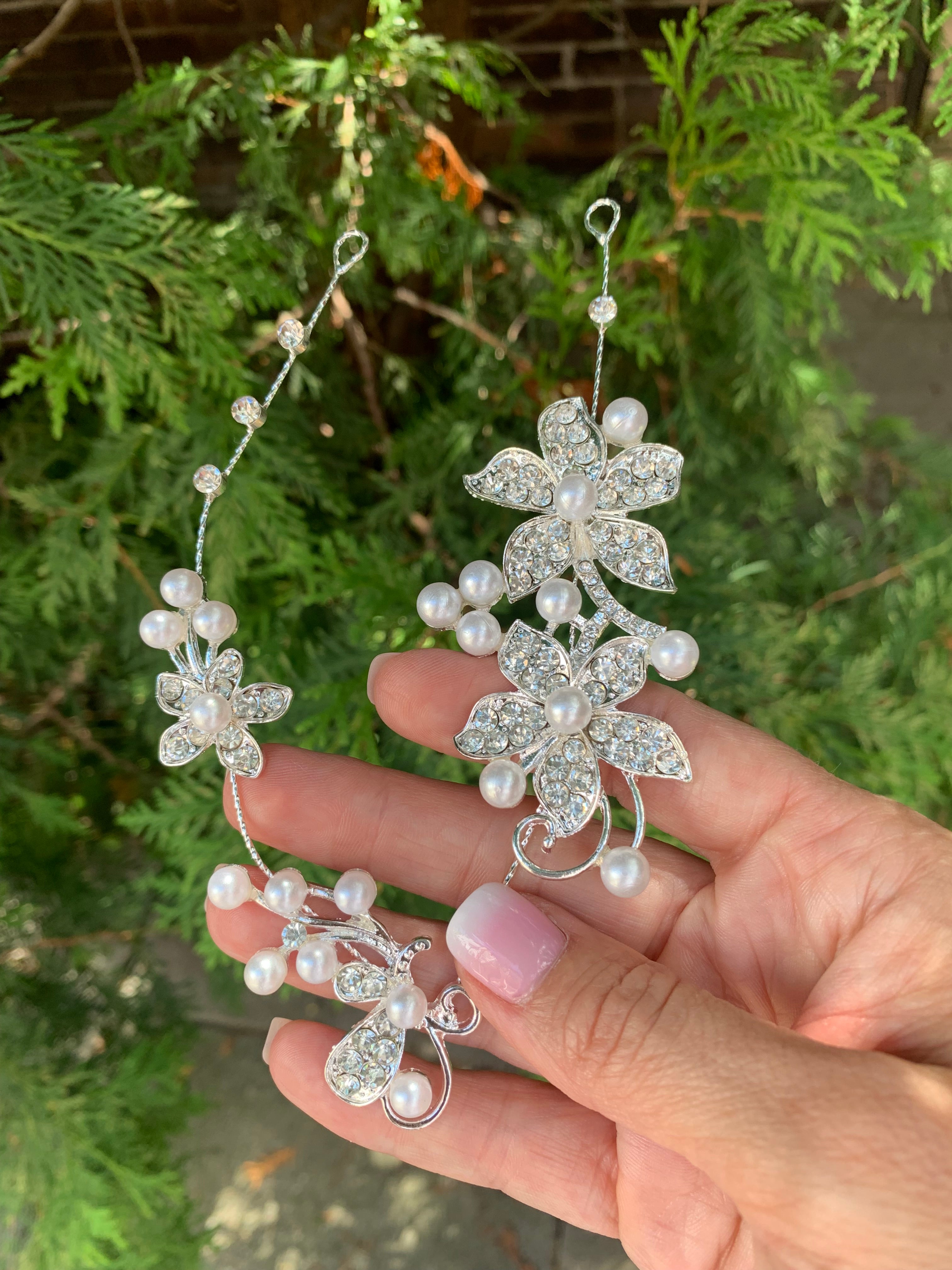 #033 Bridal Flower Pearl & Crystal Hair Vine 12" for Wedding or Prom