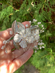 #005 Silver Bridal Hair Comb – Floral Design with Pearls & Crystal Accents