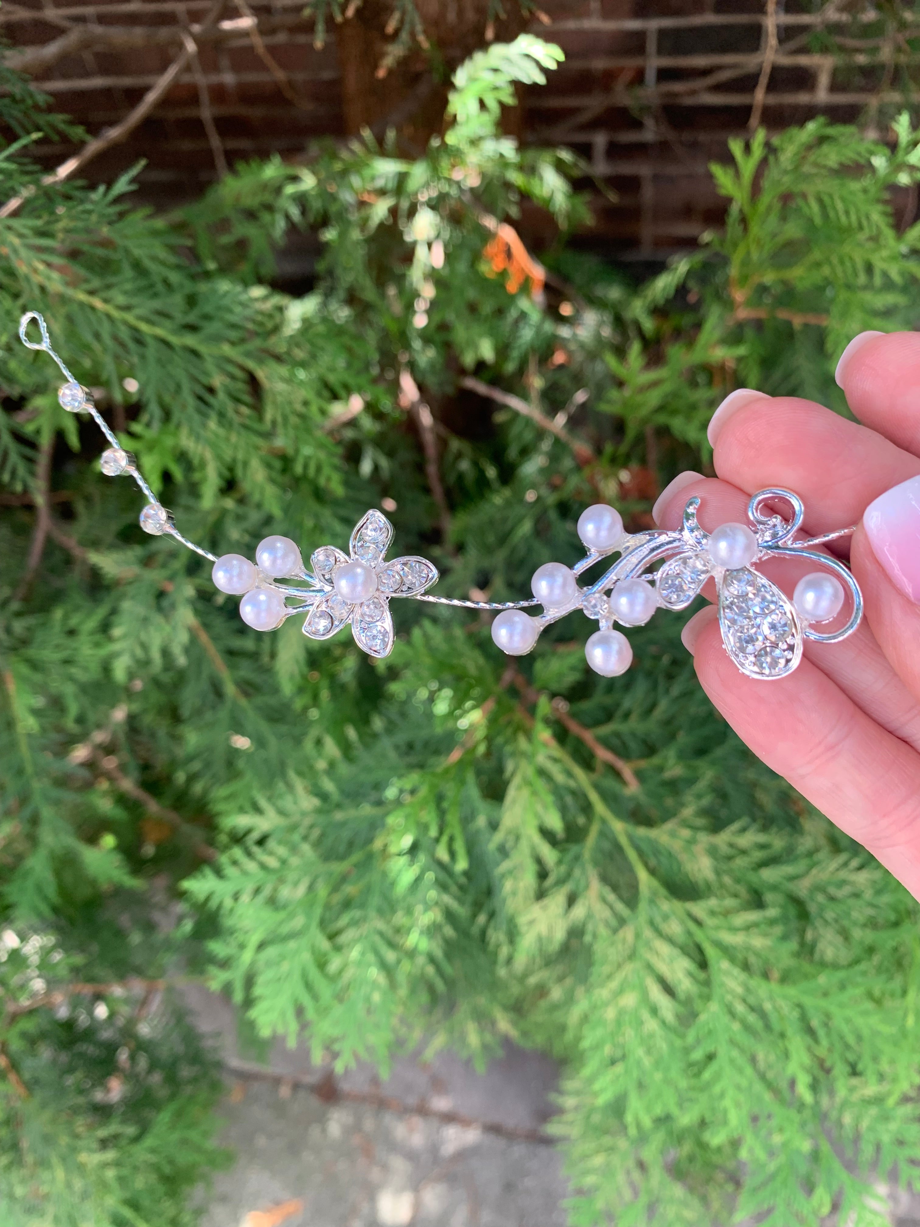 #033 Bridal Flower Pearl & Crystal Hair Vine 12" for Wedding or Prom