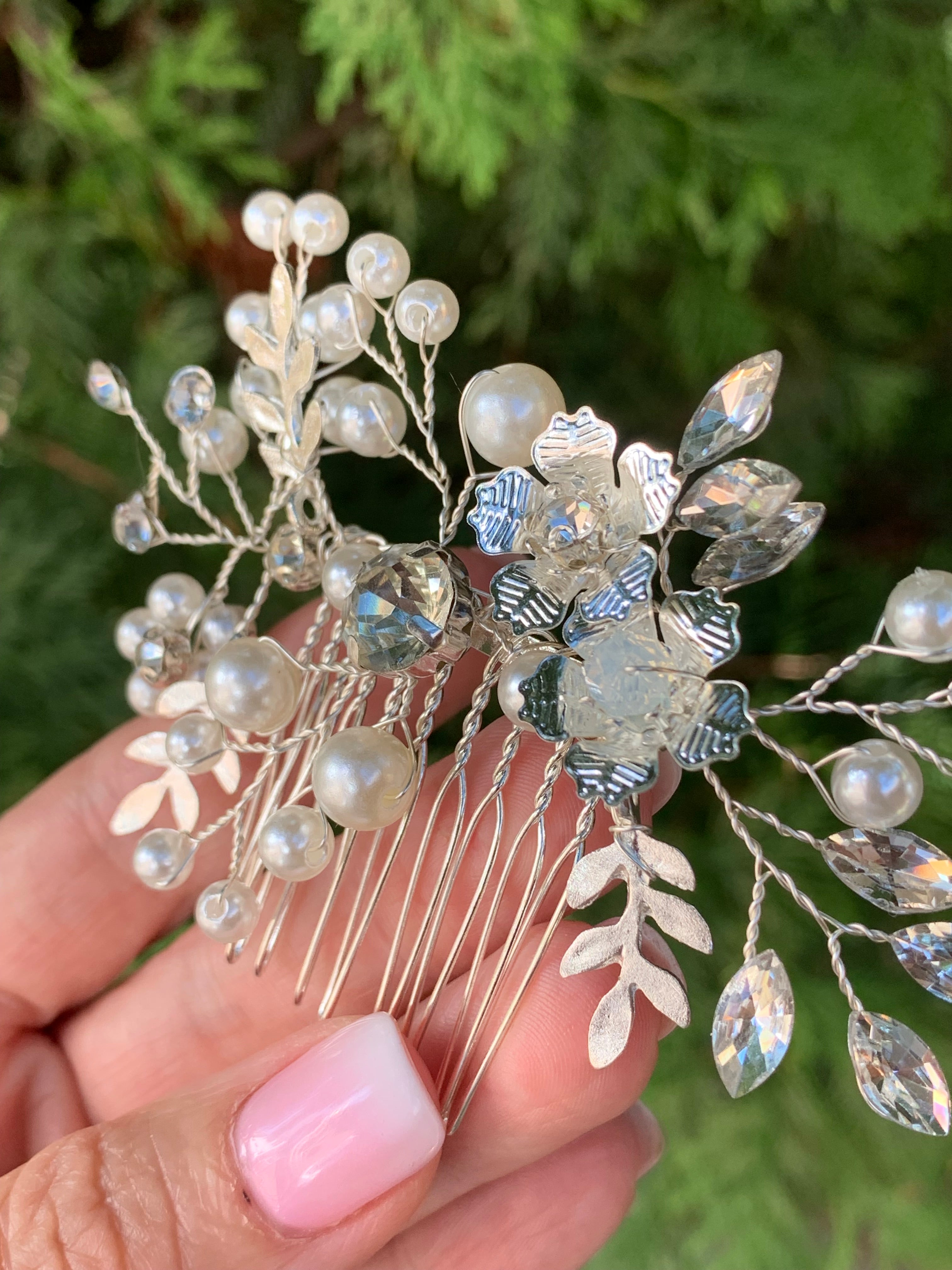 #020 Silver Bridal Hair Comb – Crystal & Pearl Wedding Hair Accessory