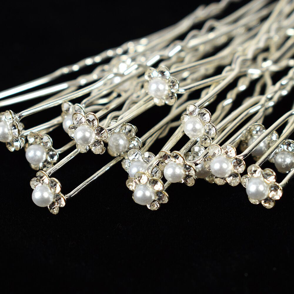 #009: Wholesale Bridal Hair Pins – Set of 20 Silver Pearl & CZ Crystal Flower Clips