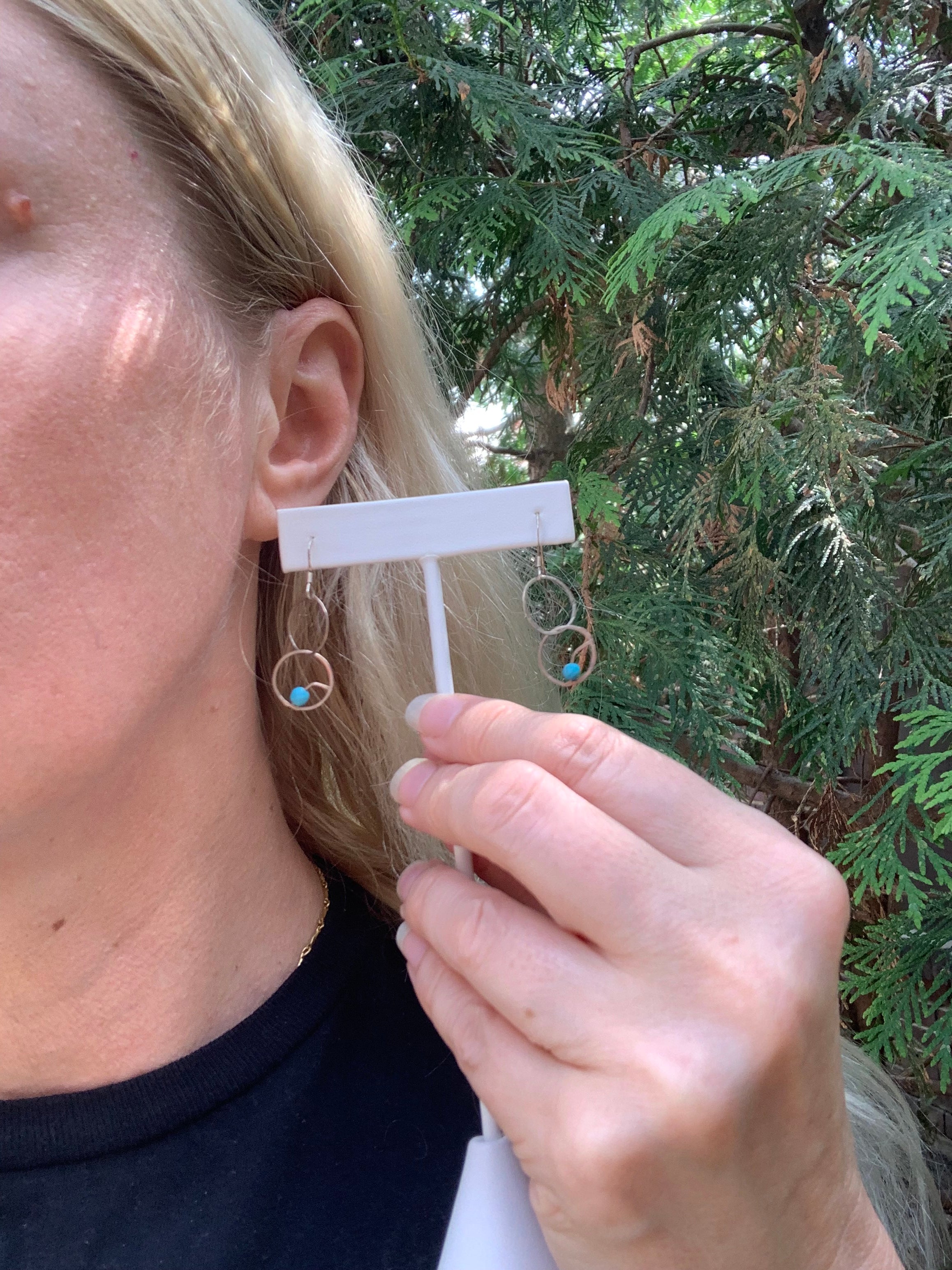 Sterling Silver Double Circle Earrings with Turquoise Beads – Handcrafted & Free-Moving Design