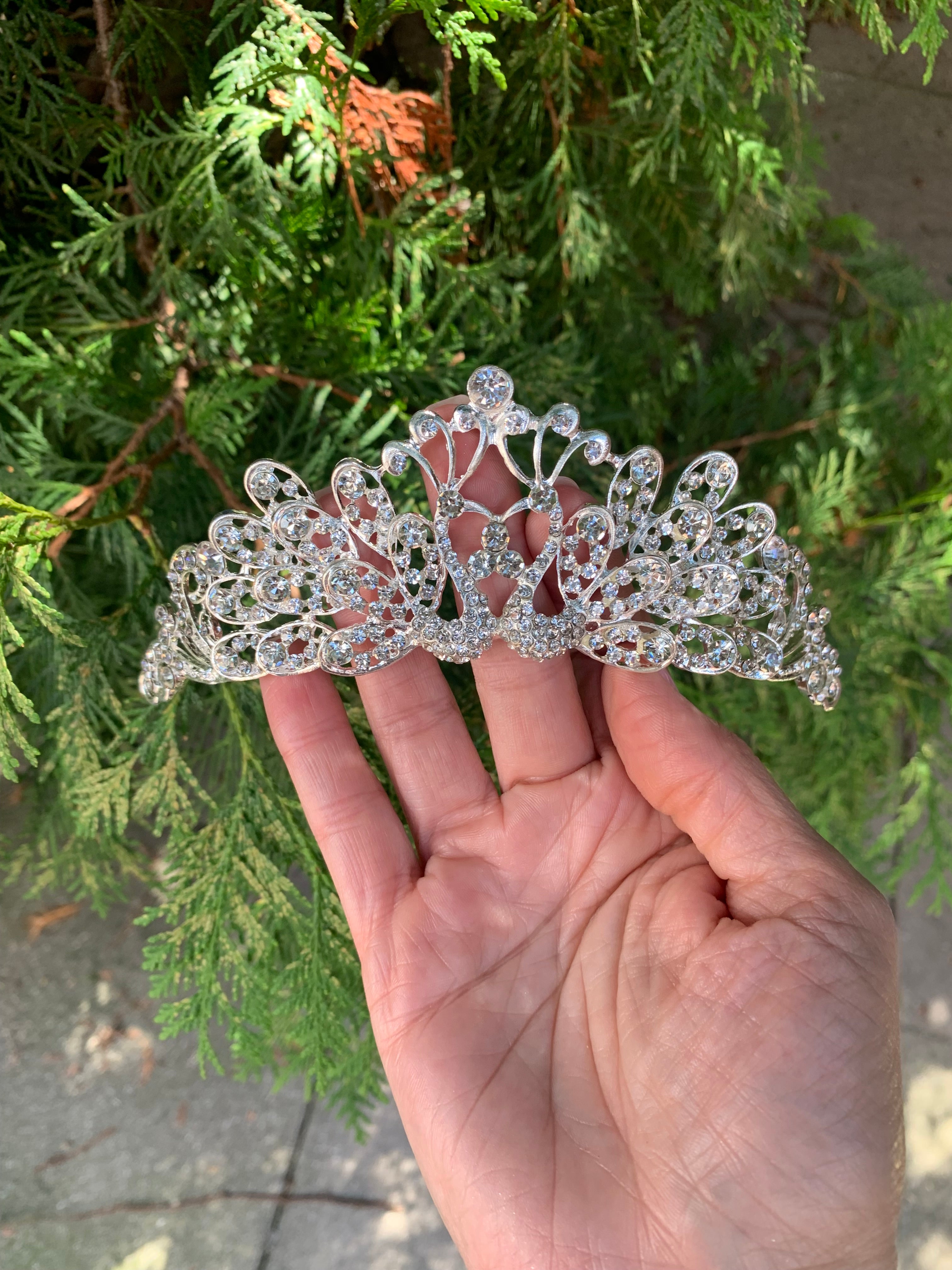 #035 Silver Bridal Tiara – 1.75" Crystal & CZ Wedding Crown, Elegant Bride Headpiece