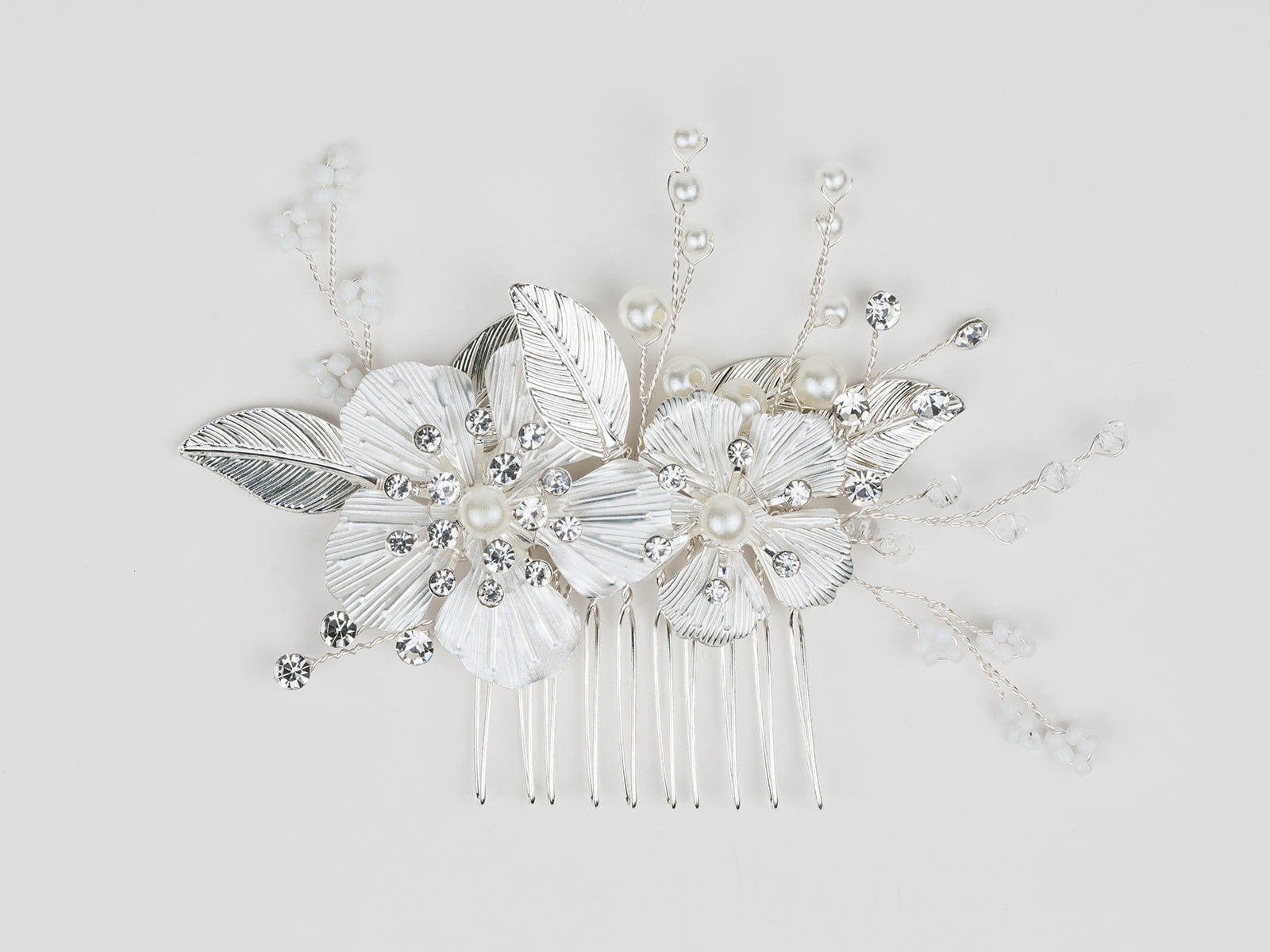 #005 Silver Bridal Hair Comb – Floral Design with Pearls & Crystal Accents
