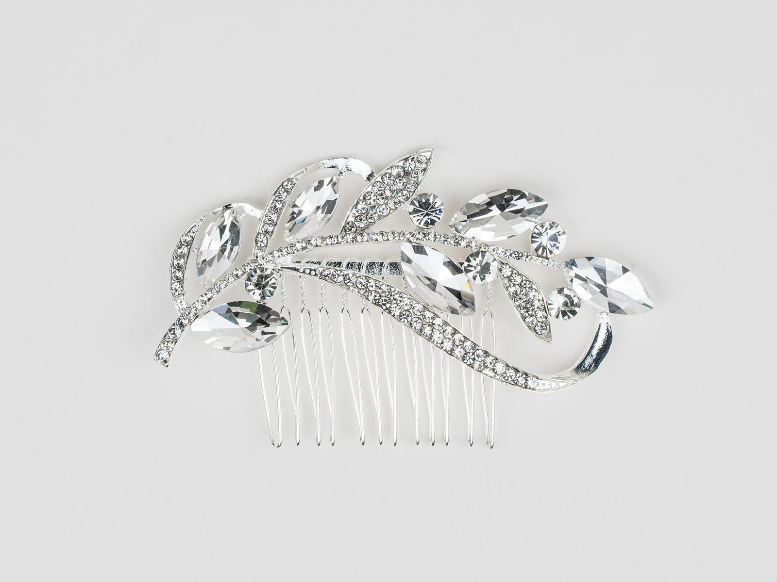 #015: Silver Bridal Hair Comb – Crystal Leaf Design with Sparkling CZ Accents