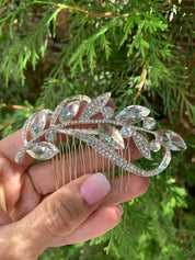 #015: Silver Bridal Hair Comb – Crystal Leaf Design with Sparkling CZ Accents