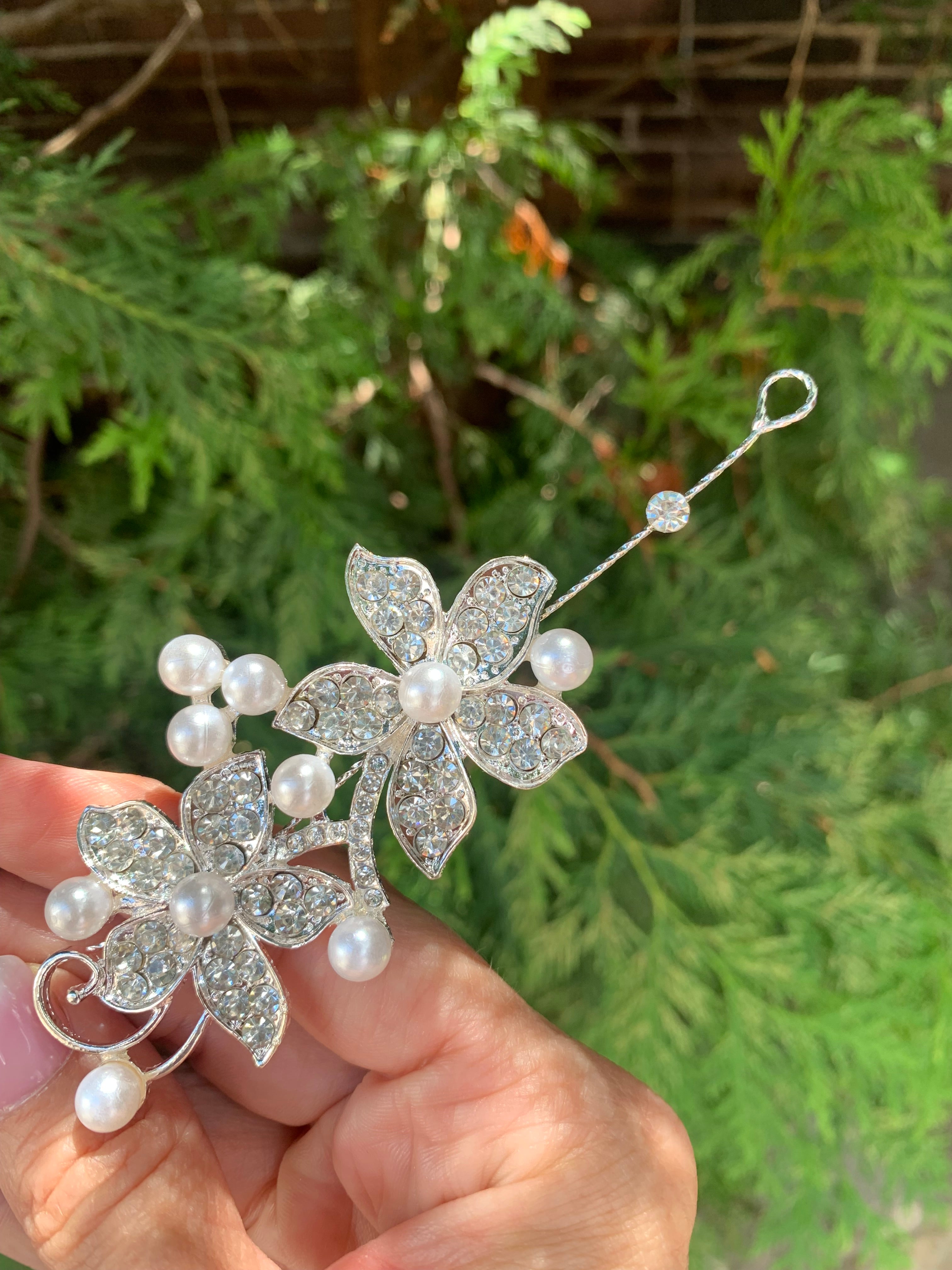 #033 Bridal Flower Pearl & Crystal Hair Vine 12" for Wedding or Prom