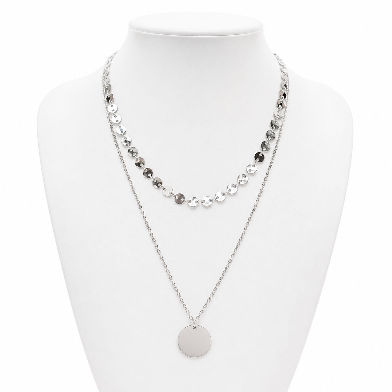 Sample Sale: Silver Sequin Disc Layered Necklace – Stainless Steel Pendant Necklace