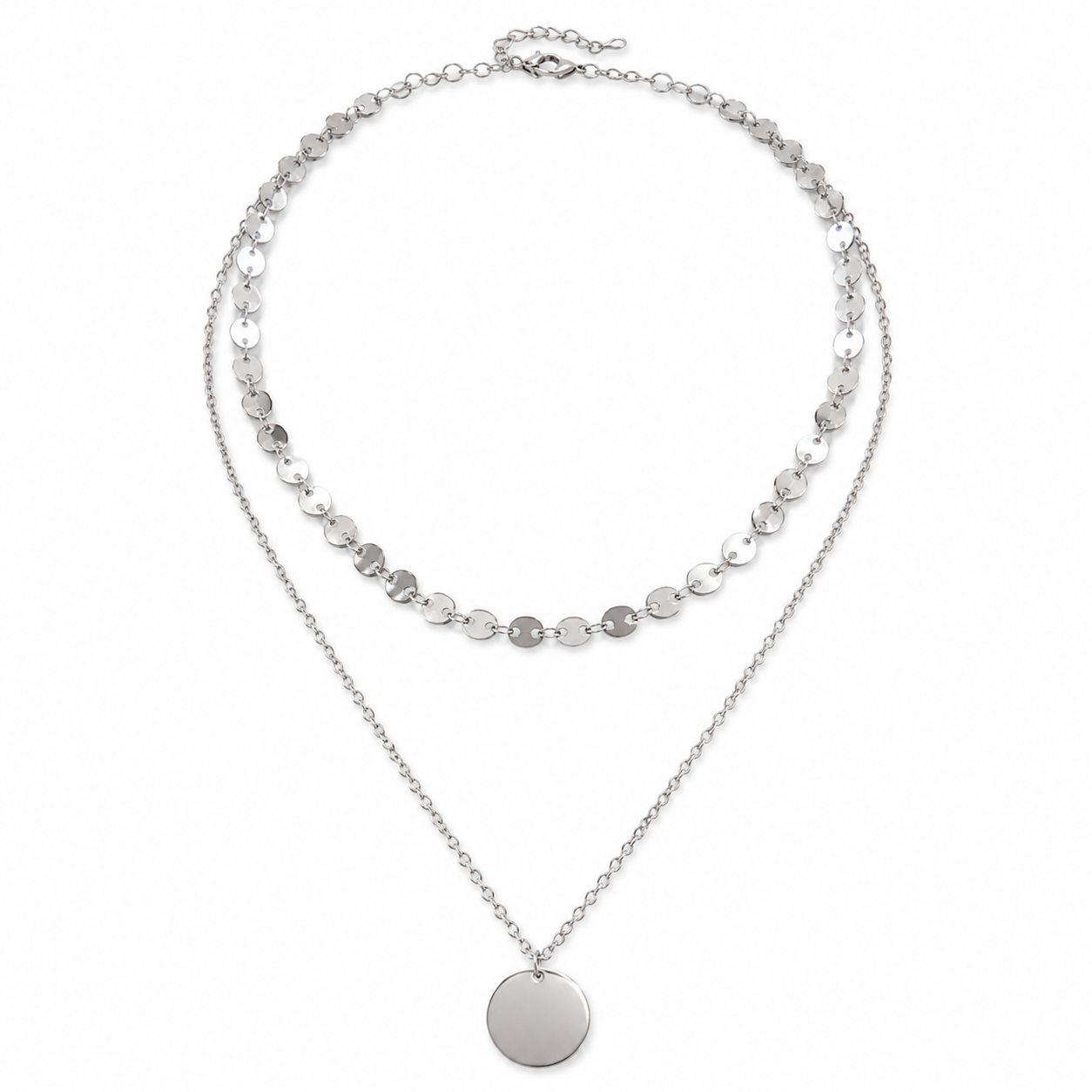 Sample Sale: Silver Sequin Disc Layered Necklace – Stainless Steel Pendant Necklace