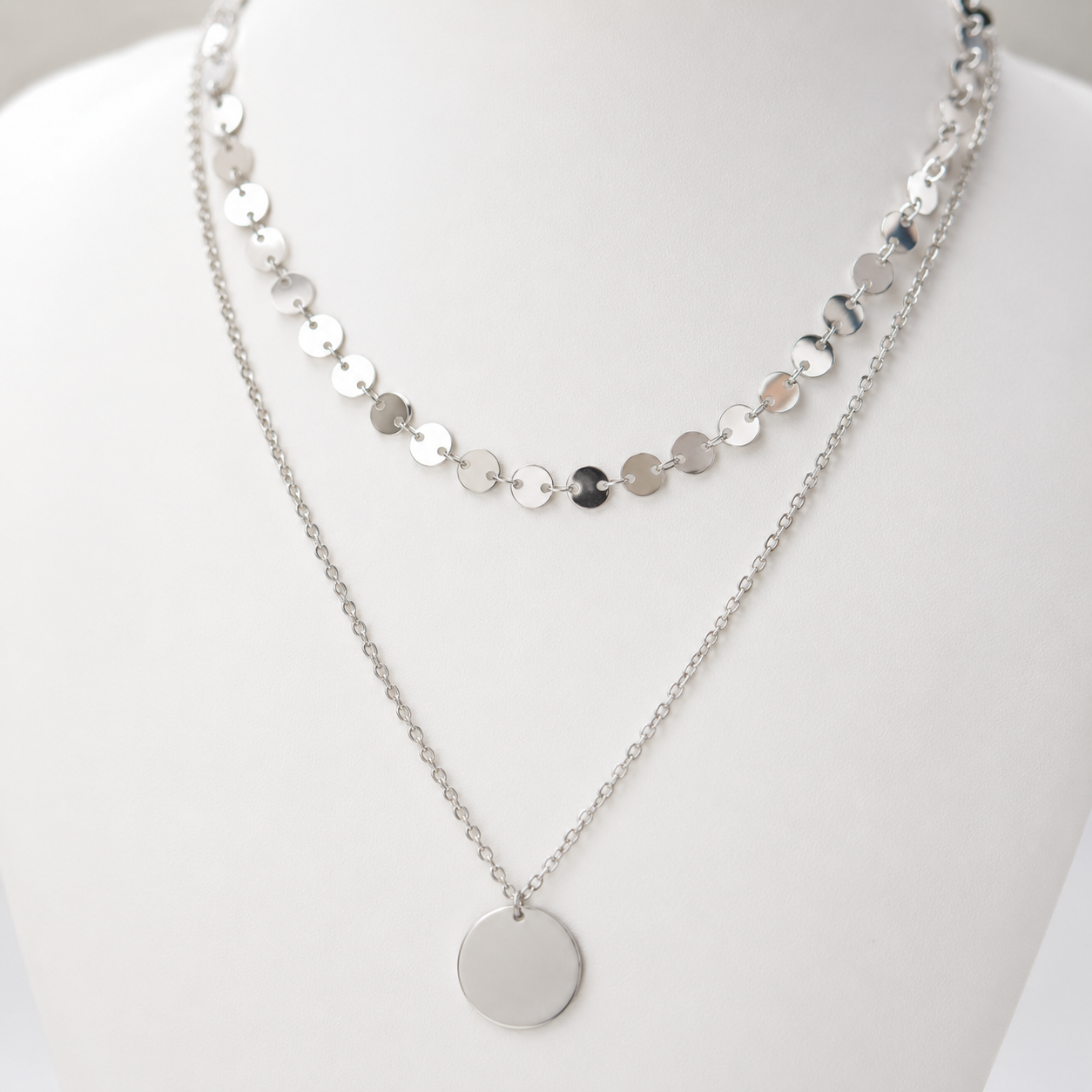 Sample Sale: Silver Sequin Disc Layered Necklace – Stainless Steel Pendant Necklace