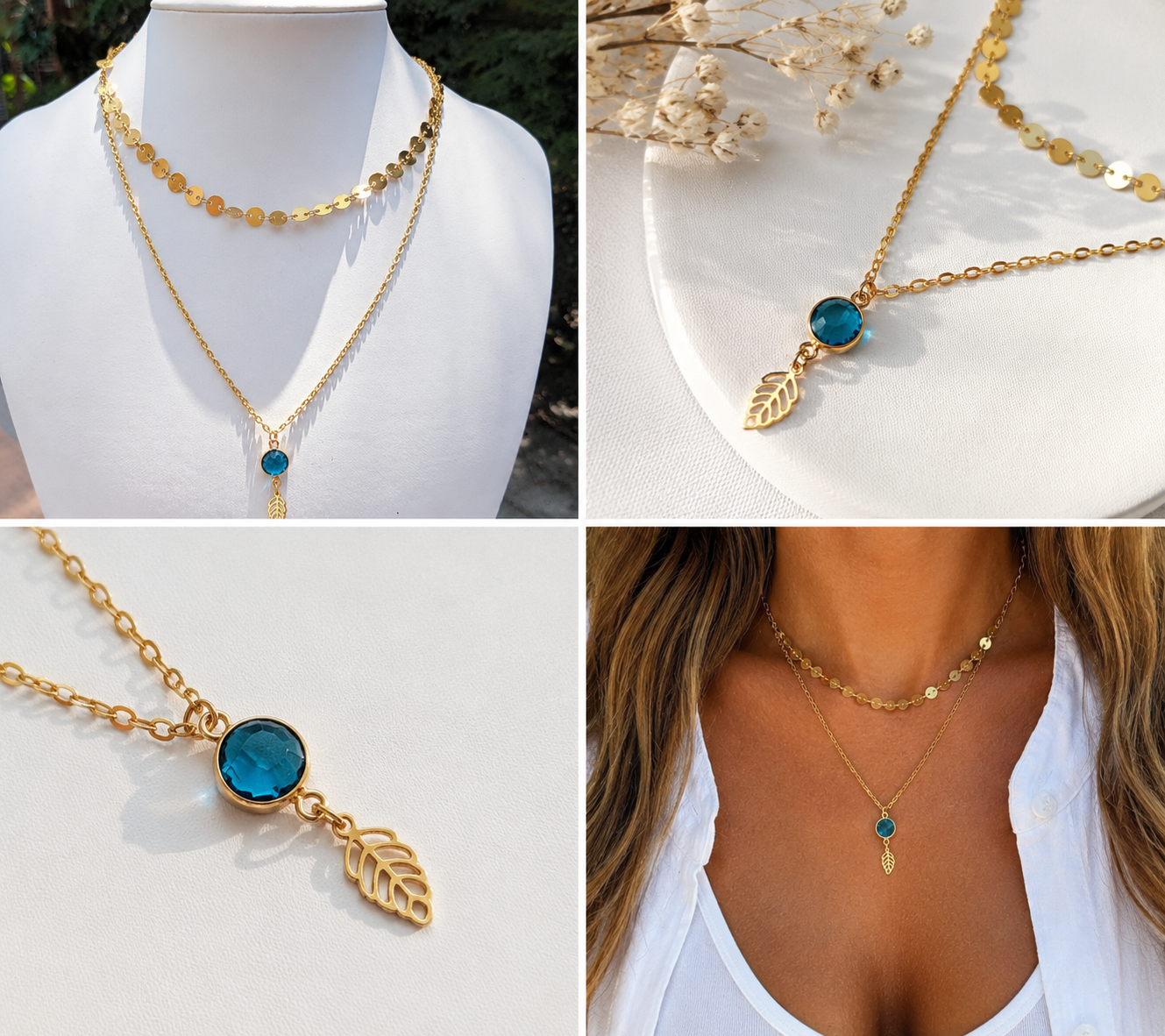 Sample Sale: Gold Blue Crystal Layered Necklace – Stainless Steel Leaf Charm Necklace