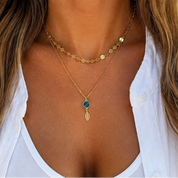 Sample Sale: Gold Blue Crystal Layered Necklace – Stainless Steel Leaf Charm Necklace