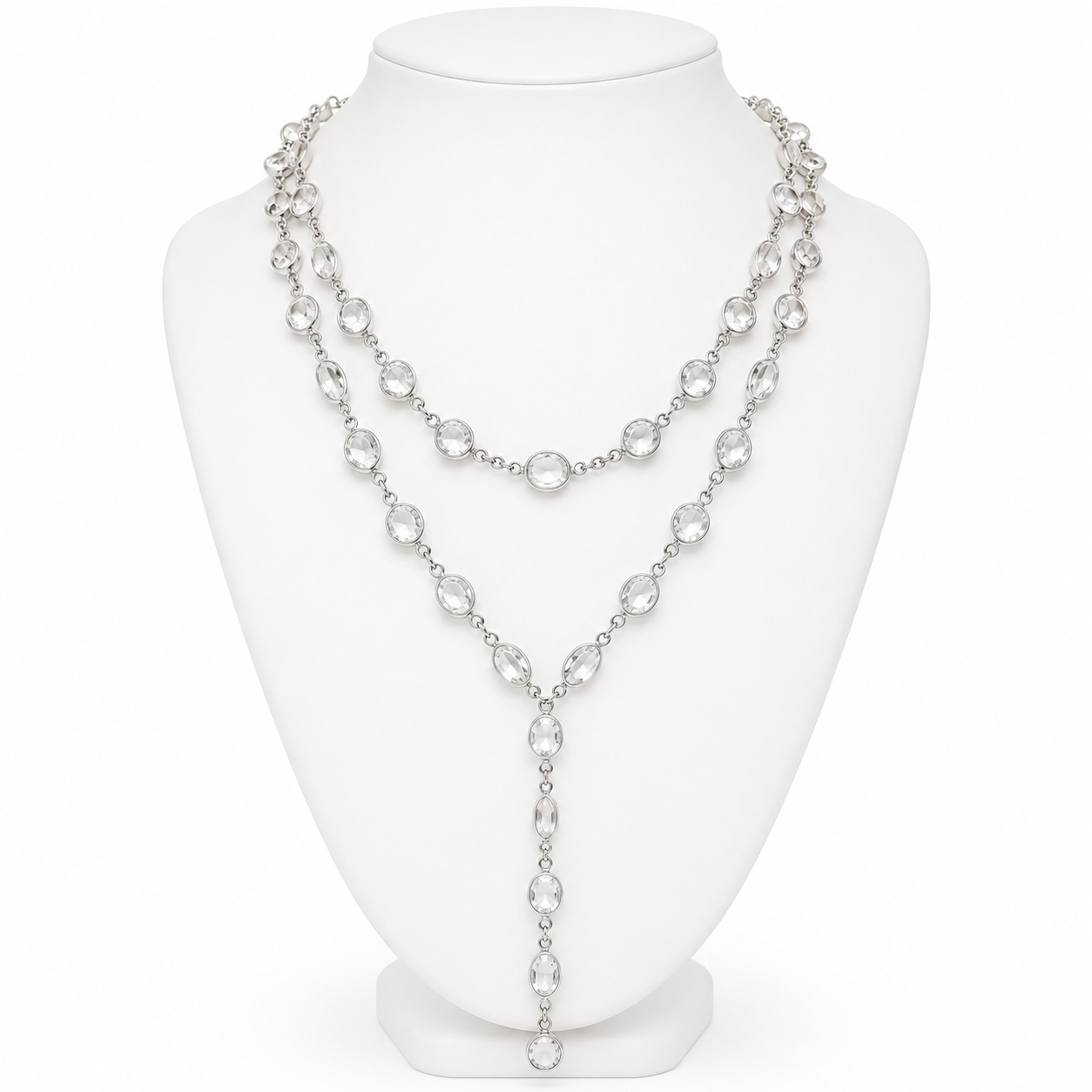 Sample Sale: Silver Crystal Lariat Necklace – Long Layered Clear Stone Statement Necklace