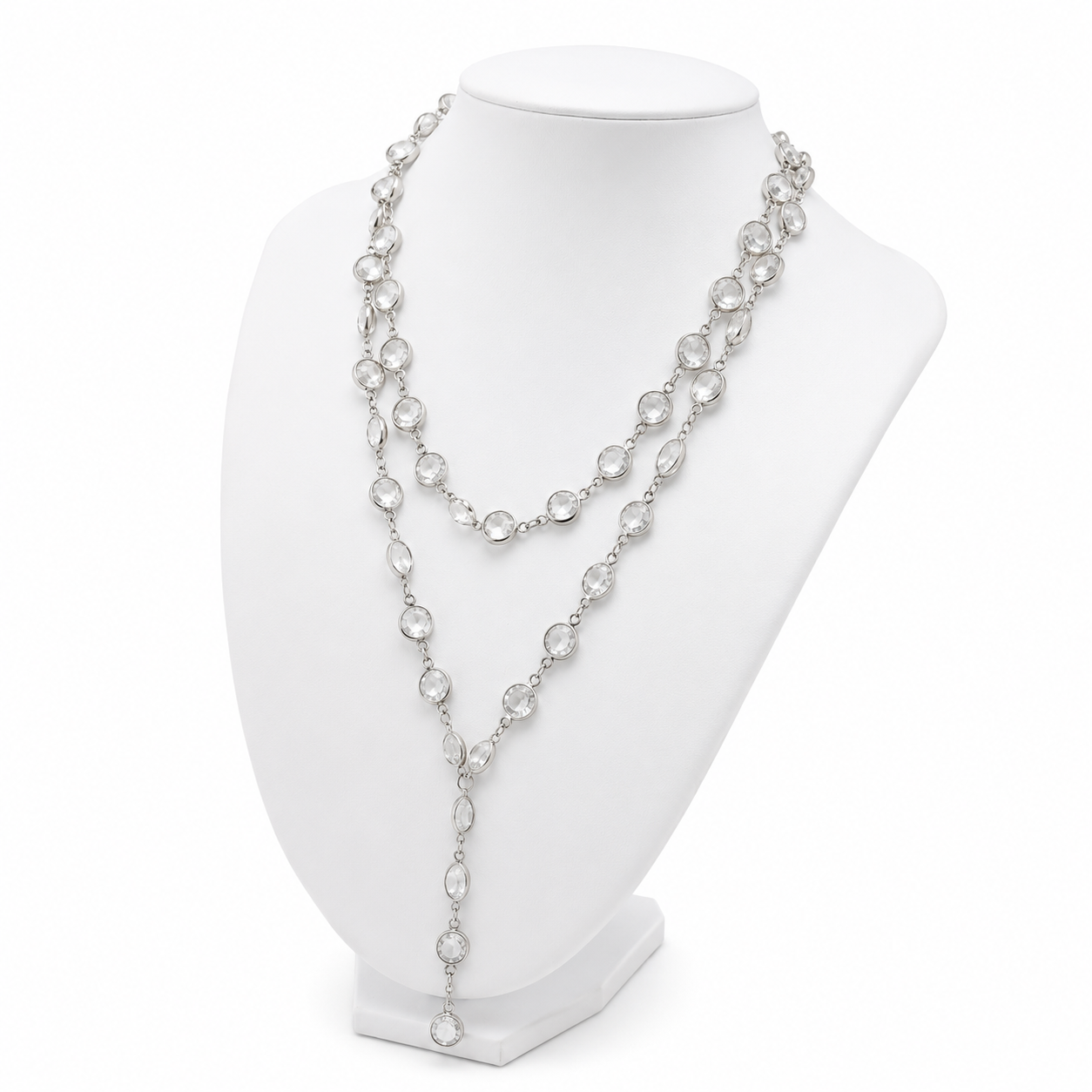 Sample Sale: Silver Crystal Lariat Necklace – Long Layered Clear Stone Statement Necklace
