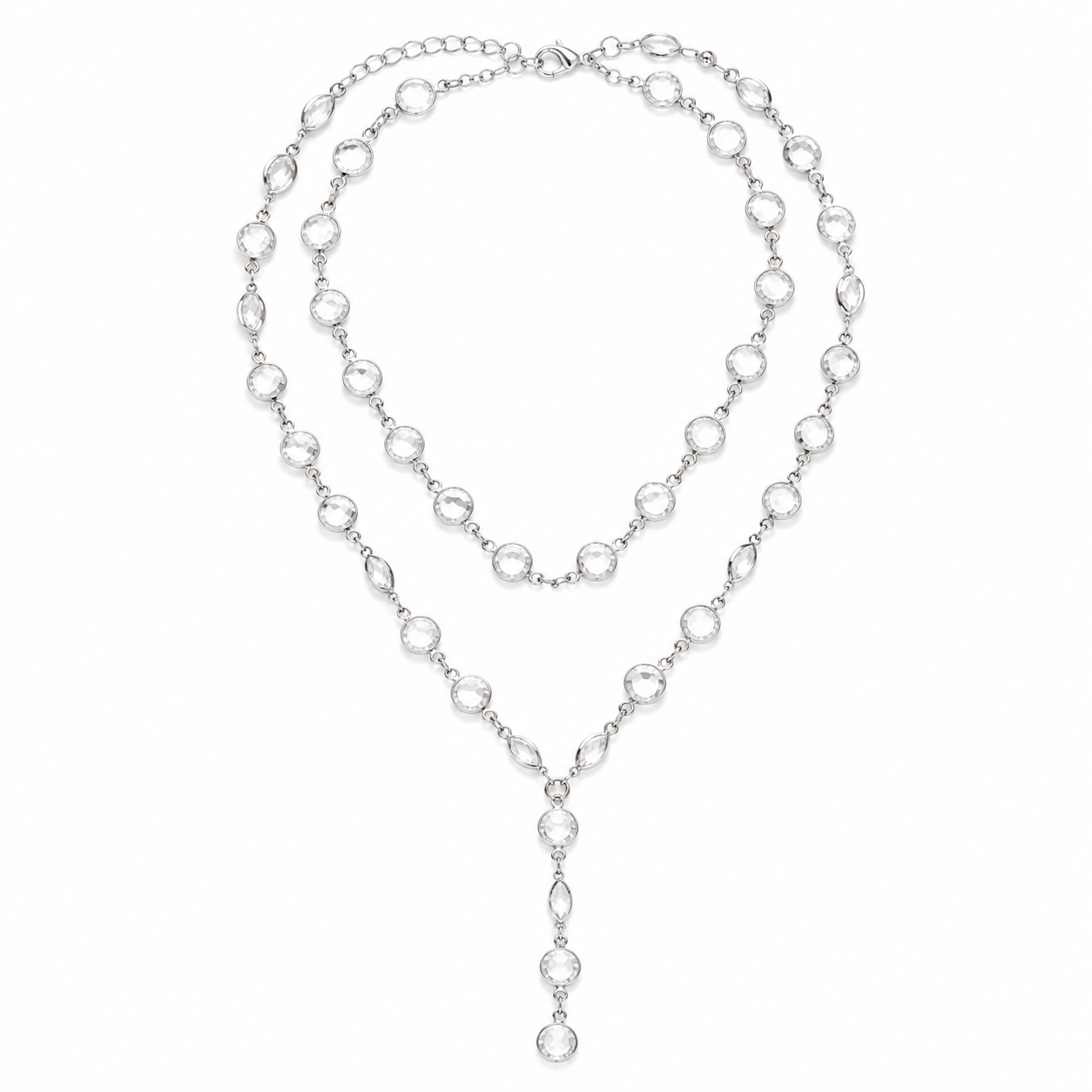 Sample Sale: Silver Crystal Lariat Necklace – Long Layered Clear Stone Statement Necklace