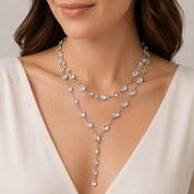 Sample Sale: Silver Crystal Lariat Necklace – Long Layered Clear Stone Statement Necklace