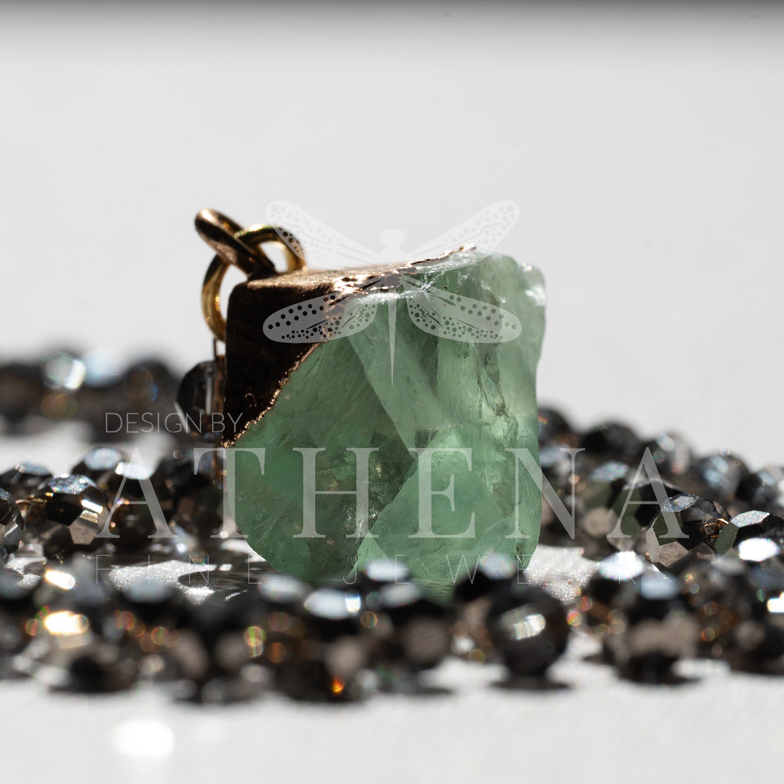 Raw Green Fluorite Pendant Necklace | Gold Electroplated | Smokey Gray Beaded Chain | 29” Length