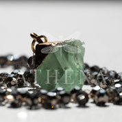 Raw Green Fluorite Pendant Necklace | Gold Electroplated | Smokey Gray Beaded Chain | 29” Length