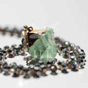 Raw Green Fluorite Pendant Necklace | Gold Electroplated | Smokey Gray Beaded Chain | 29” Length
