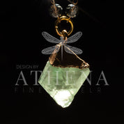 Raw Green Fluorite Pendant Necklace | Gold Electroplated | Smokey Gray Beaded Chain | 29” Length