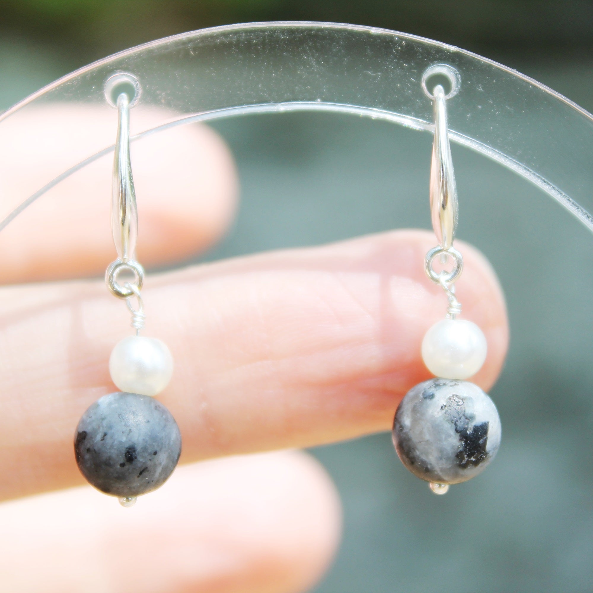 Larvikite & Pearl earrings in Sterling Silver