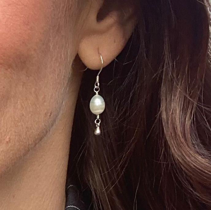 White Pearl Earrings with Silver Pear