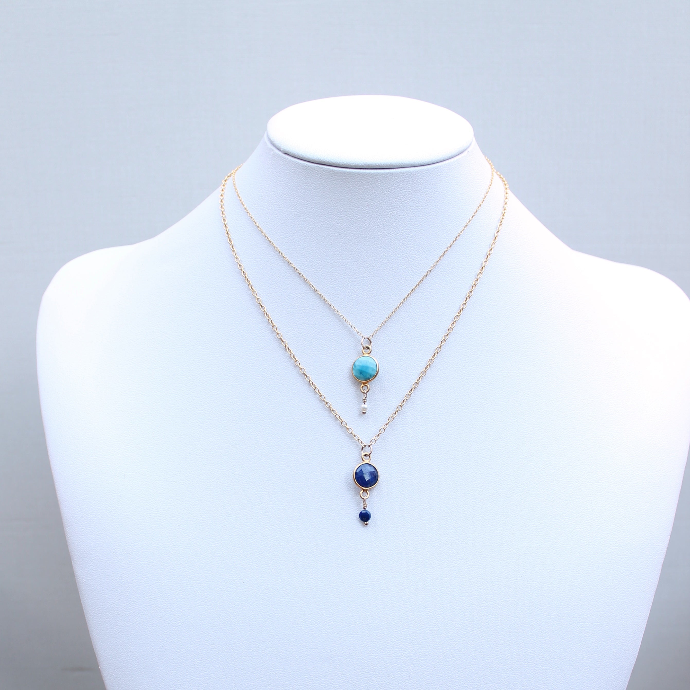 Gemstone Drop: Raw Sapphire & Turquoise Necklace in Yellow Gold Fill