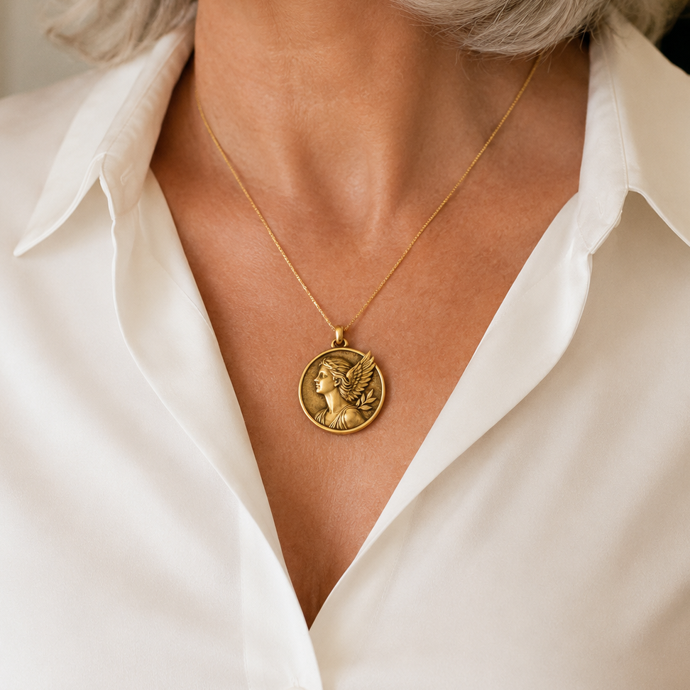 Nike Pendant – Greek Goddess of Victory Medallion in Sterling Silver or Solid Gold