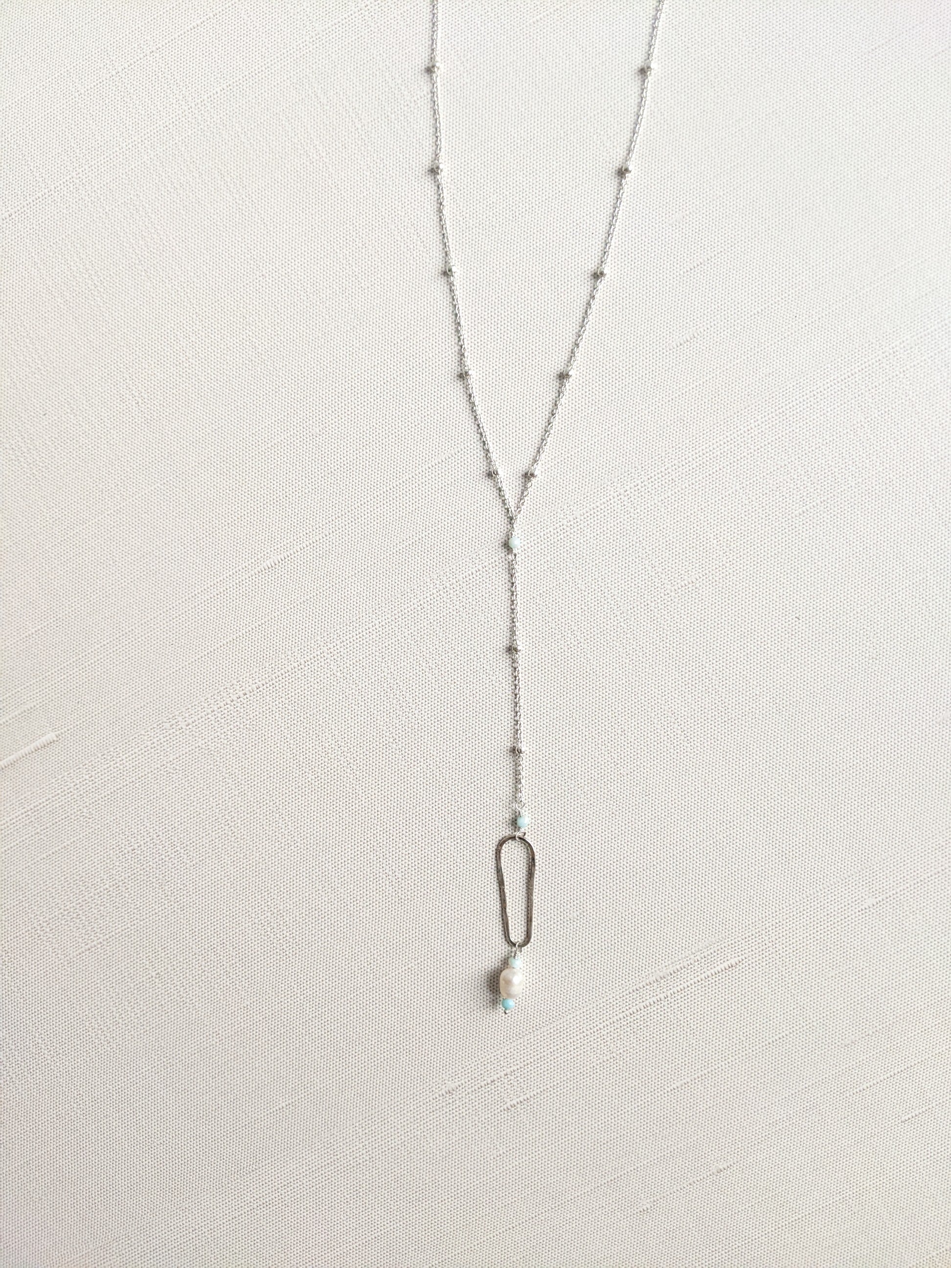 Pearl and Peruvian Blue Opal in Sterling Silver Y Necklace