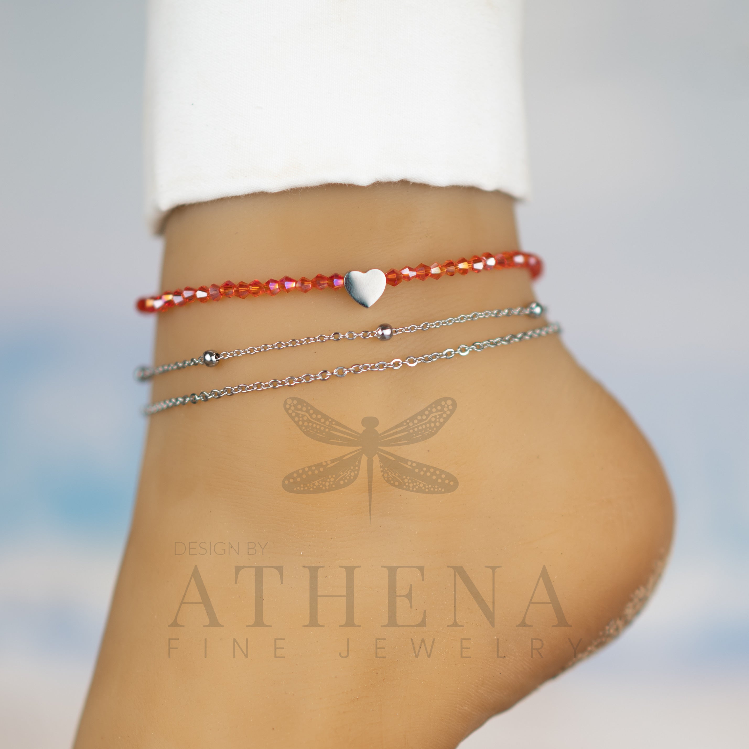 Sample Sale: Beaded Heart Anklet Set in Stainless Steel