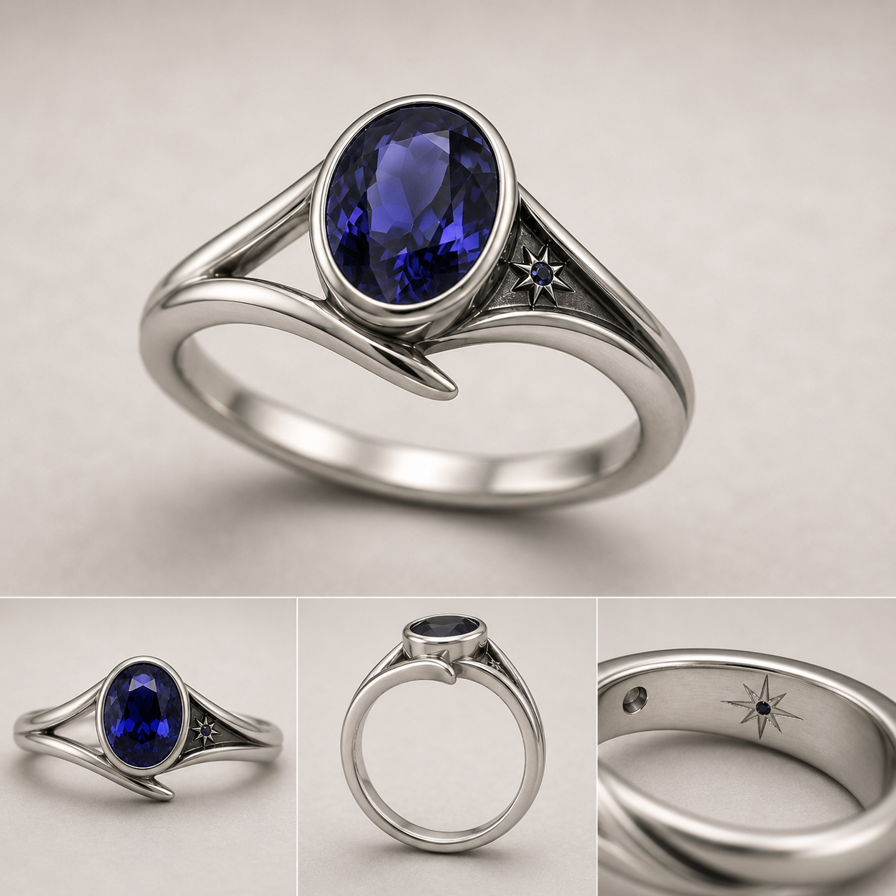 The Fated Signal Ring oval lab sapphire engagement ring with sculptural bezel band and star detail.