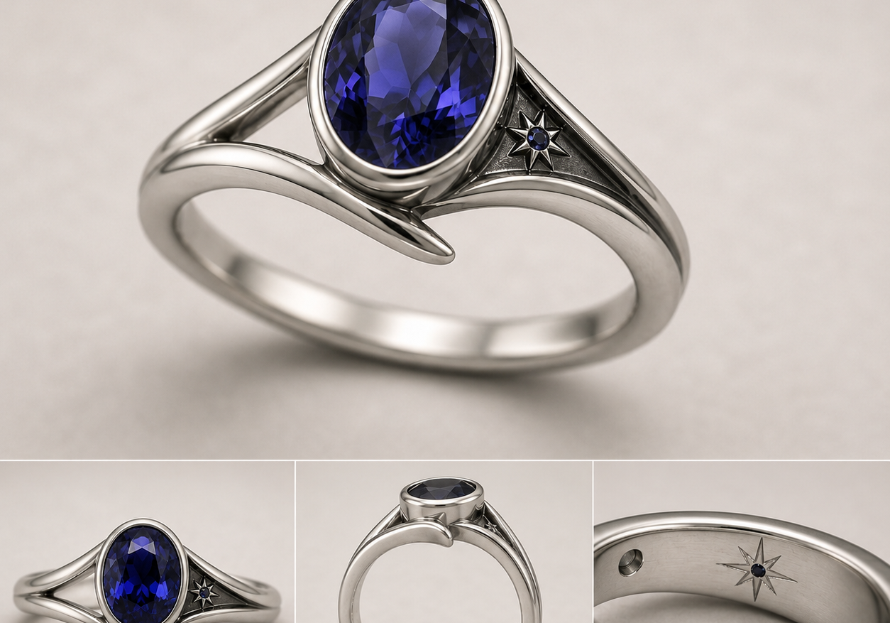 The Fated Signal Ring oval lab sapphire engagement ring with sculptural bezel band and star detail.