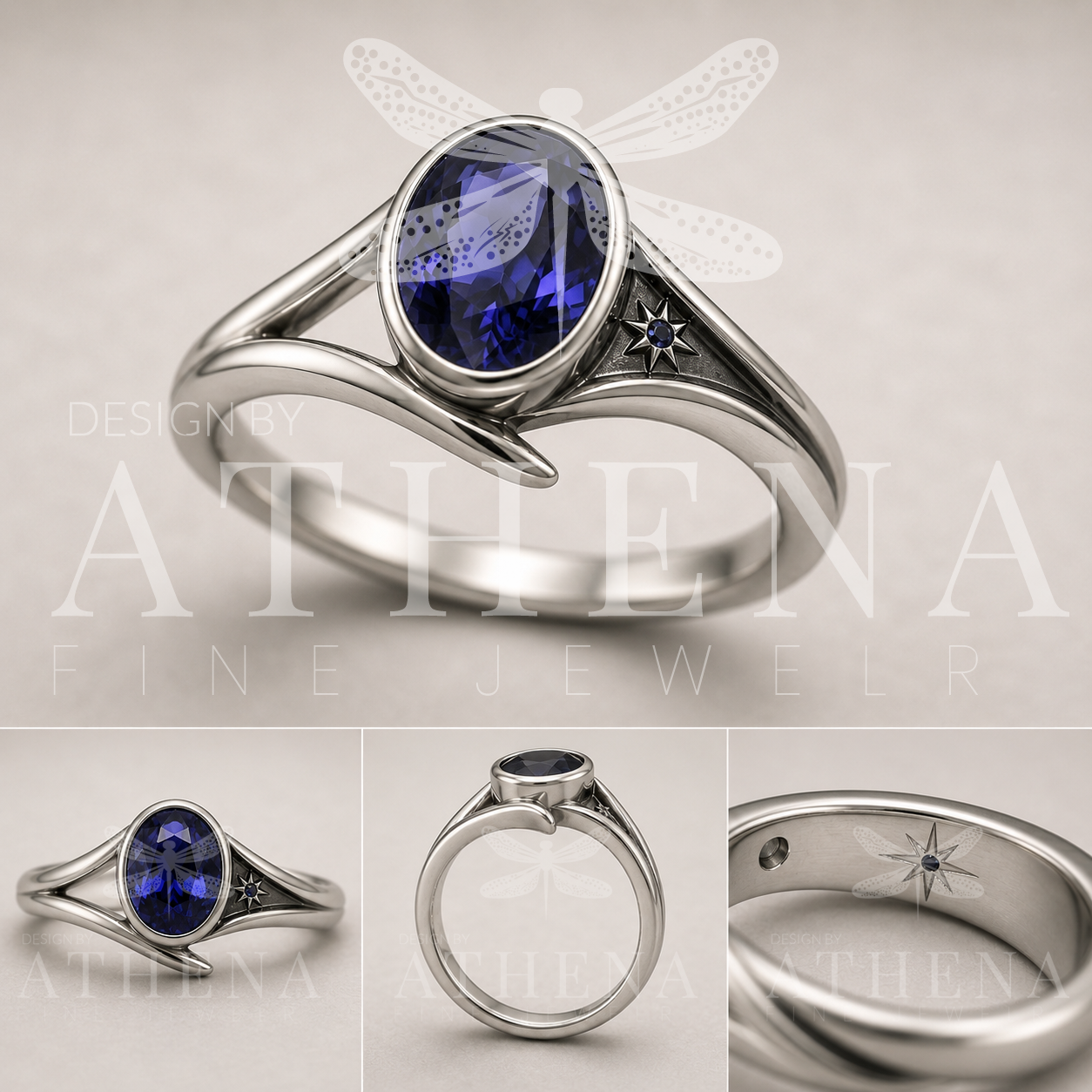 The Fated Signal Ring — Oval Lab Sapphire Engagement Ring with Star Detail and Sculptural Bezel Band