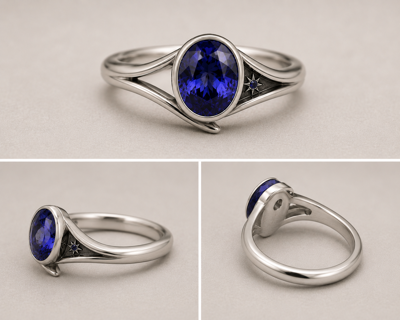 The Fated Signal Ring — Oval Lab Sapphire Engagement Ring with Star Detail and Sculptural Bezel Band