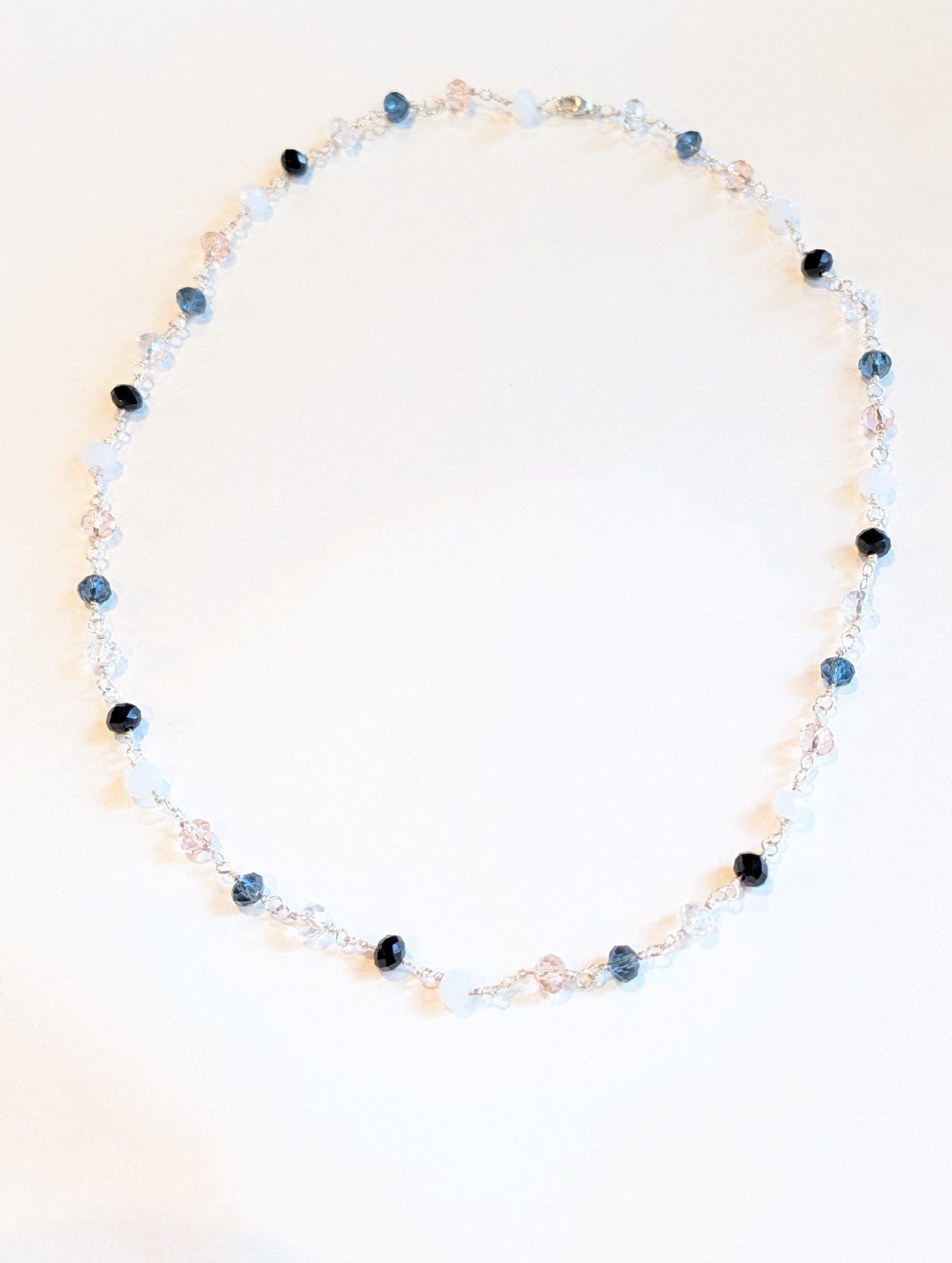 Mixed black blue white and blush faceted bead necklace in sterling silver