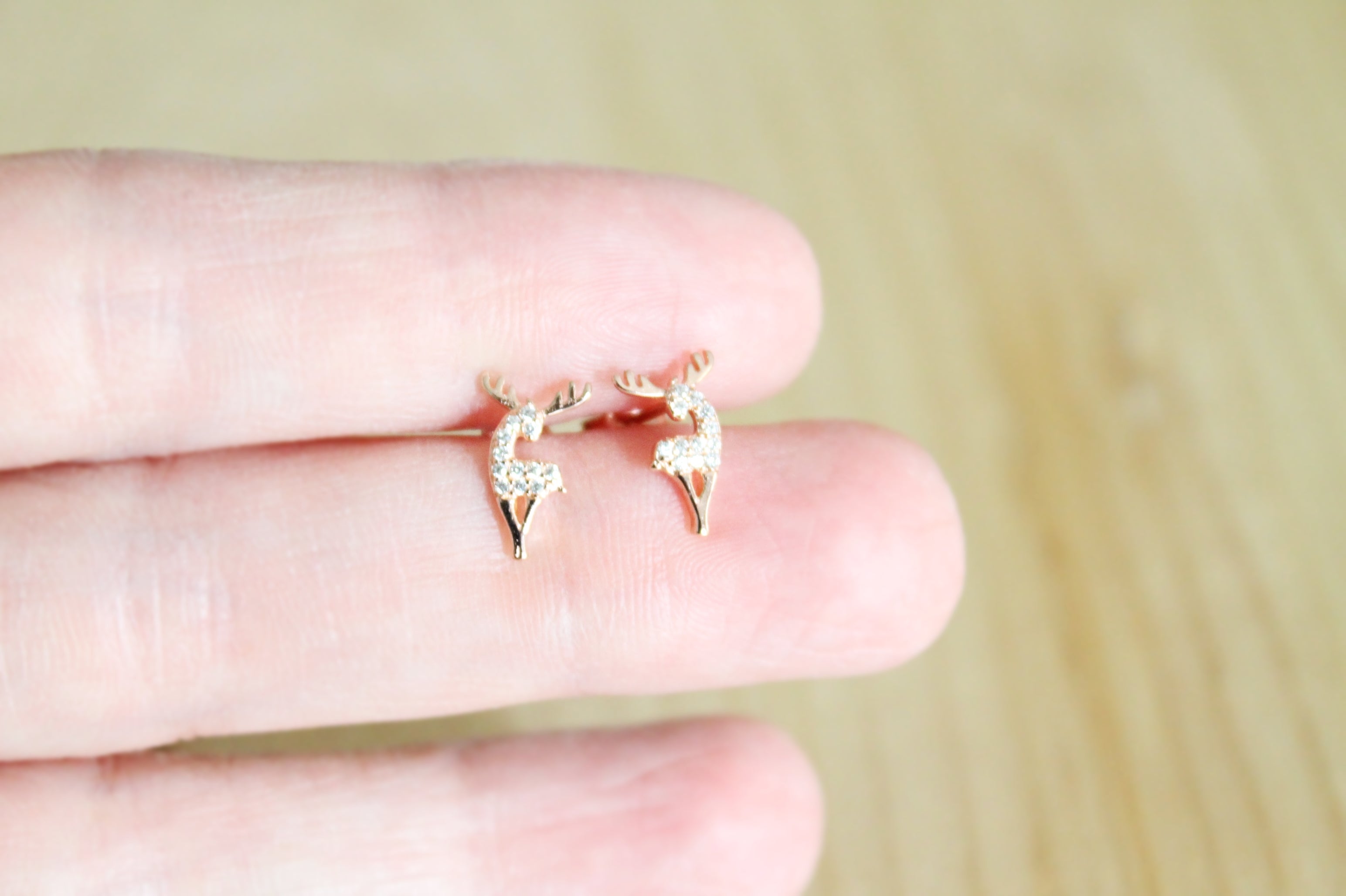 Posing Reindeer CZ Studs in Sterling Silver and Rose Gold Plated