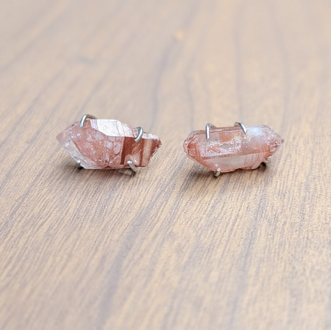 Raw lithium quartz stud earrings in sterling silver by Design by Athena
