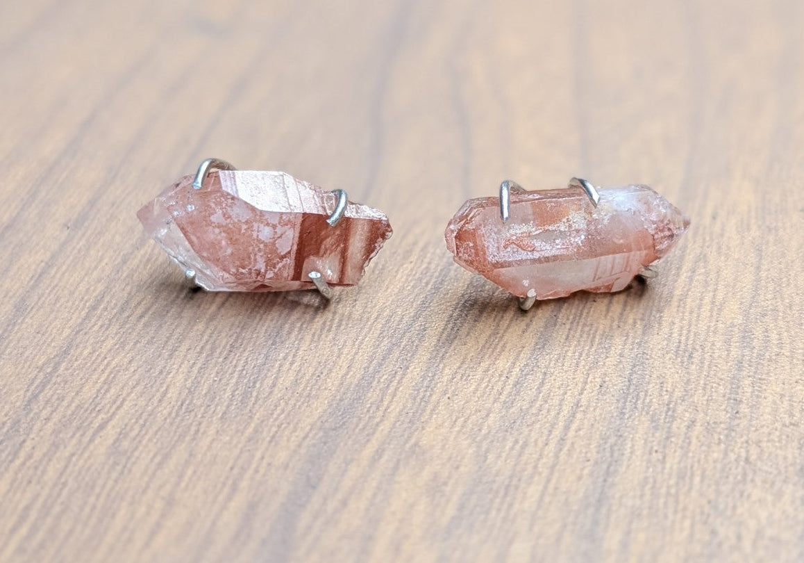 Raw lithium quartz stud earrings in sterling silver by Design by Athena