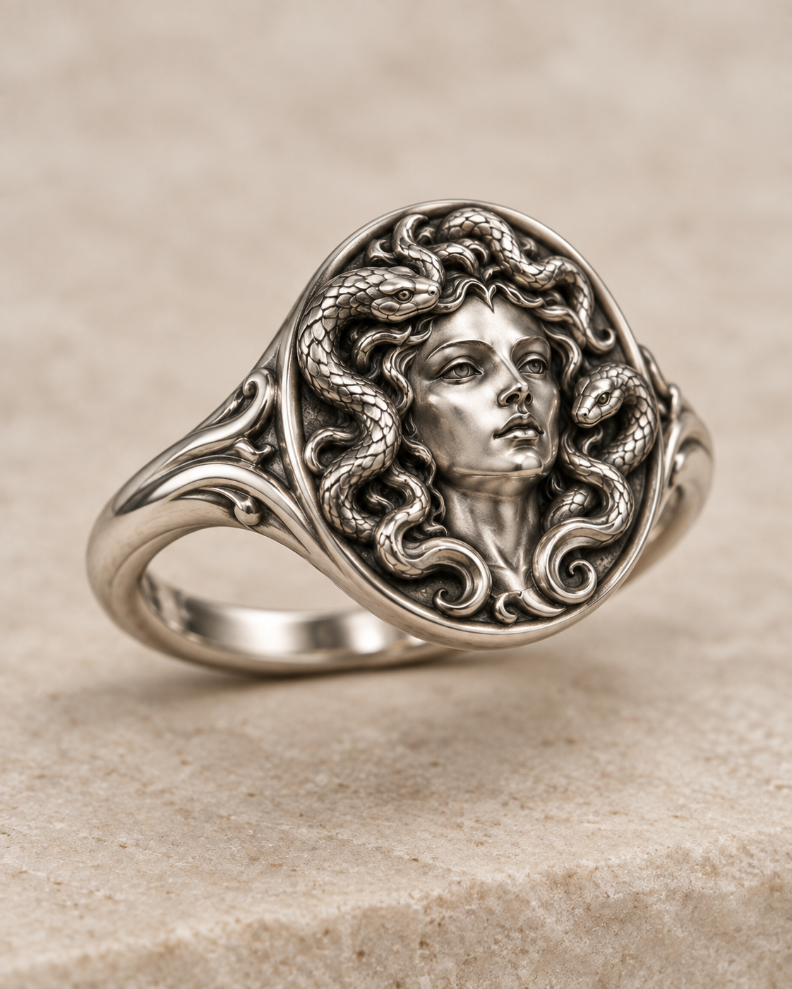 Medusa Mini Signet Ring in sterling silver with sculpted serpents