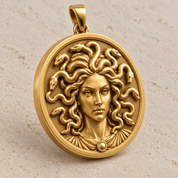 Medusa Pendant in 14K yellow gold shown at an angle to highlight high relief snake details