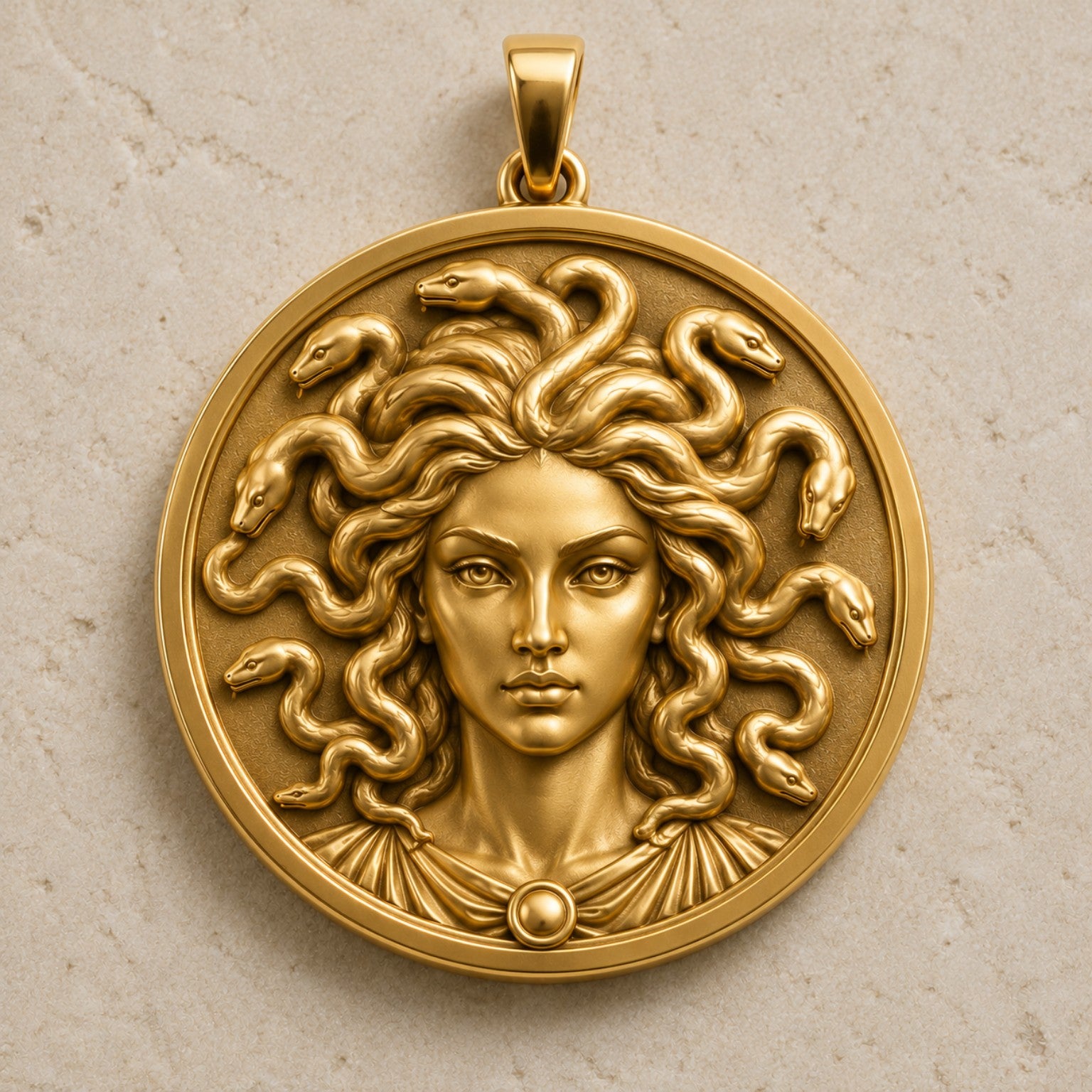 Medusa Pendant in 14K yellow gold front view with sculptural snake hair