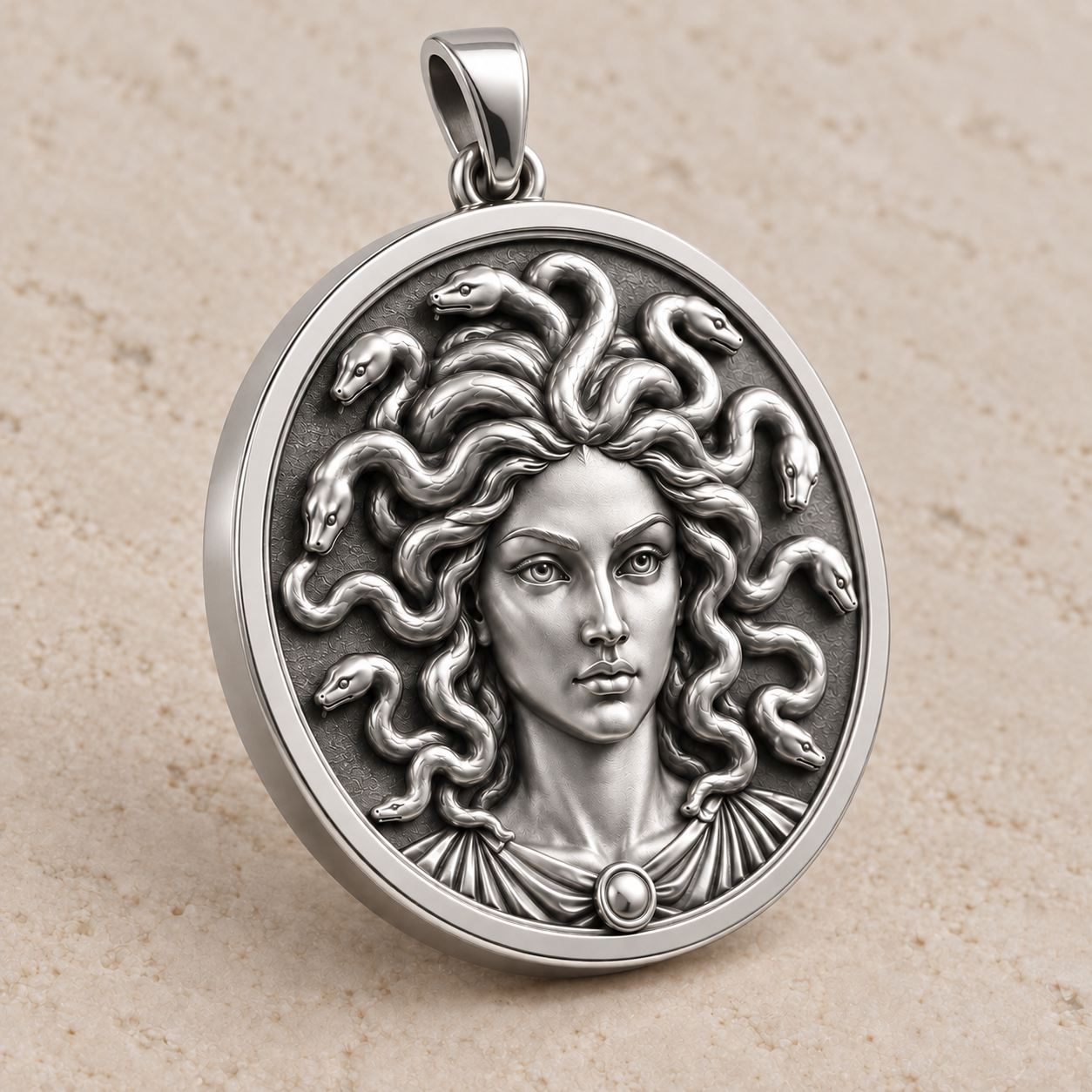 Medusa Pendant in sterling silver shown at an angle with sculptural snake hair