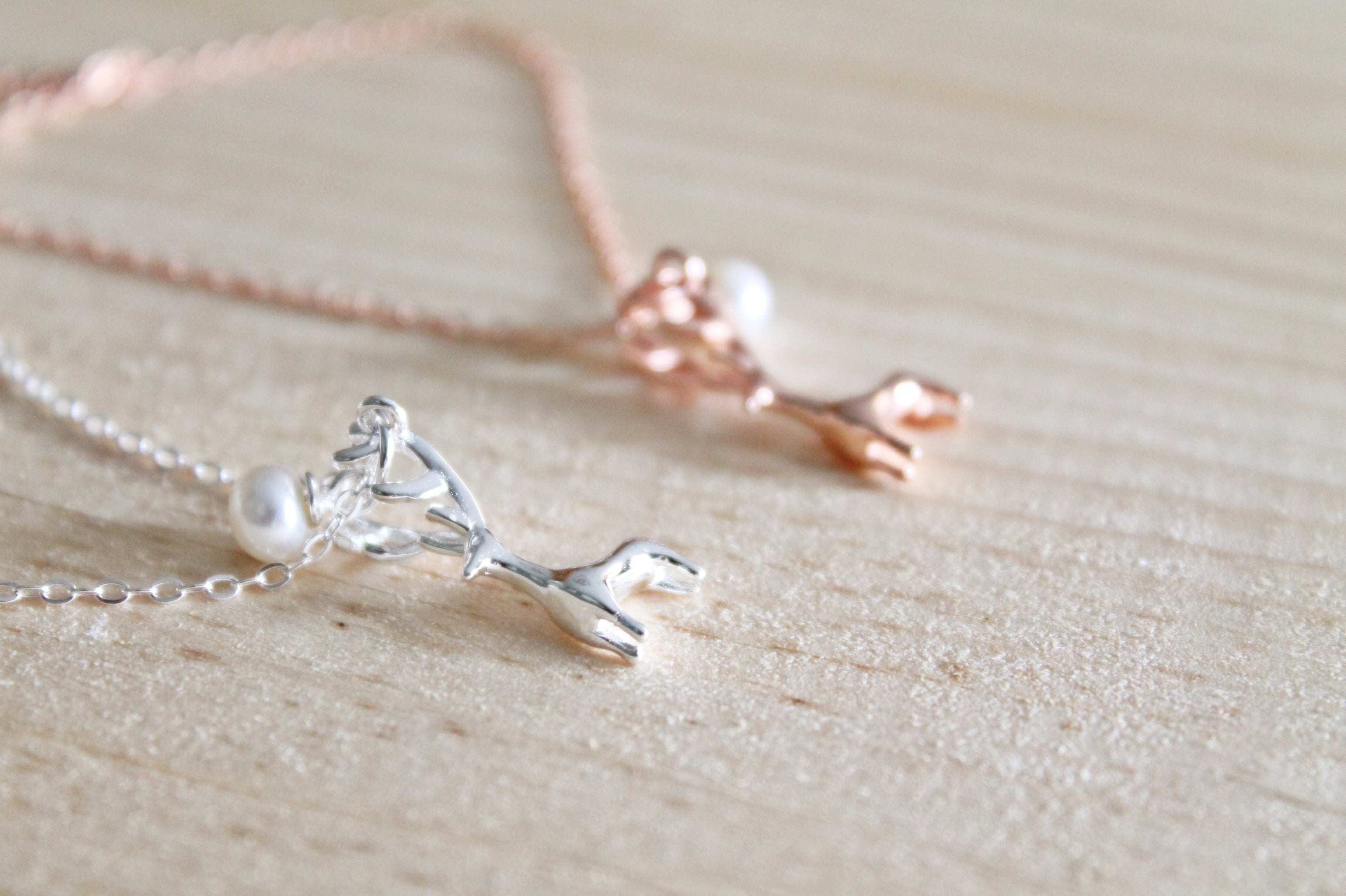 Reindeer and Pearl Necklace in Sterling Silver or Rose Gold Plated