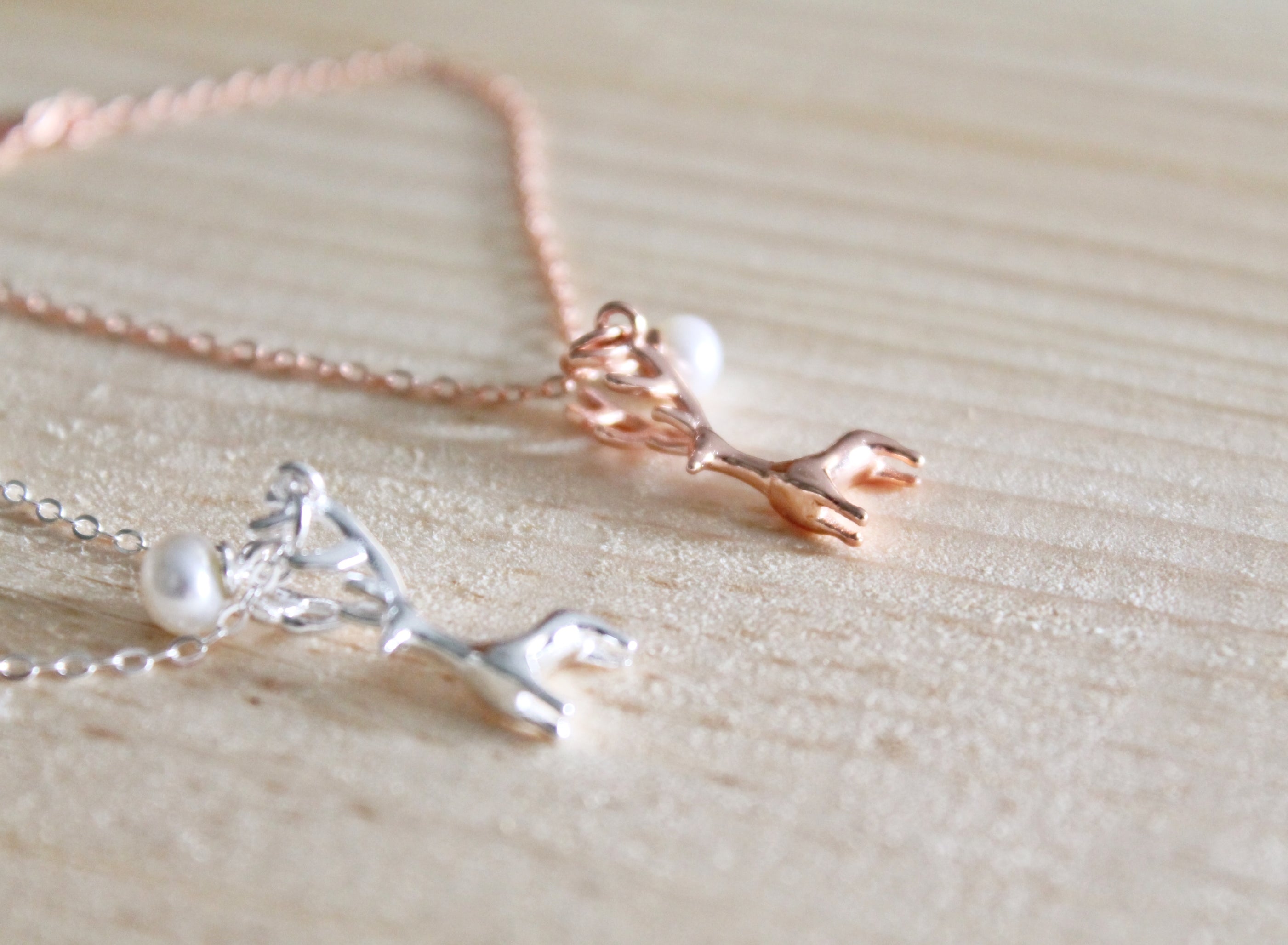 Reindeer and Pearl Necklace in Sterling Silver or Rose Gold Plated