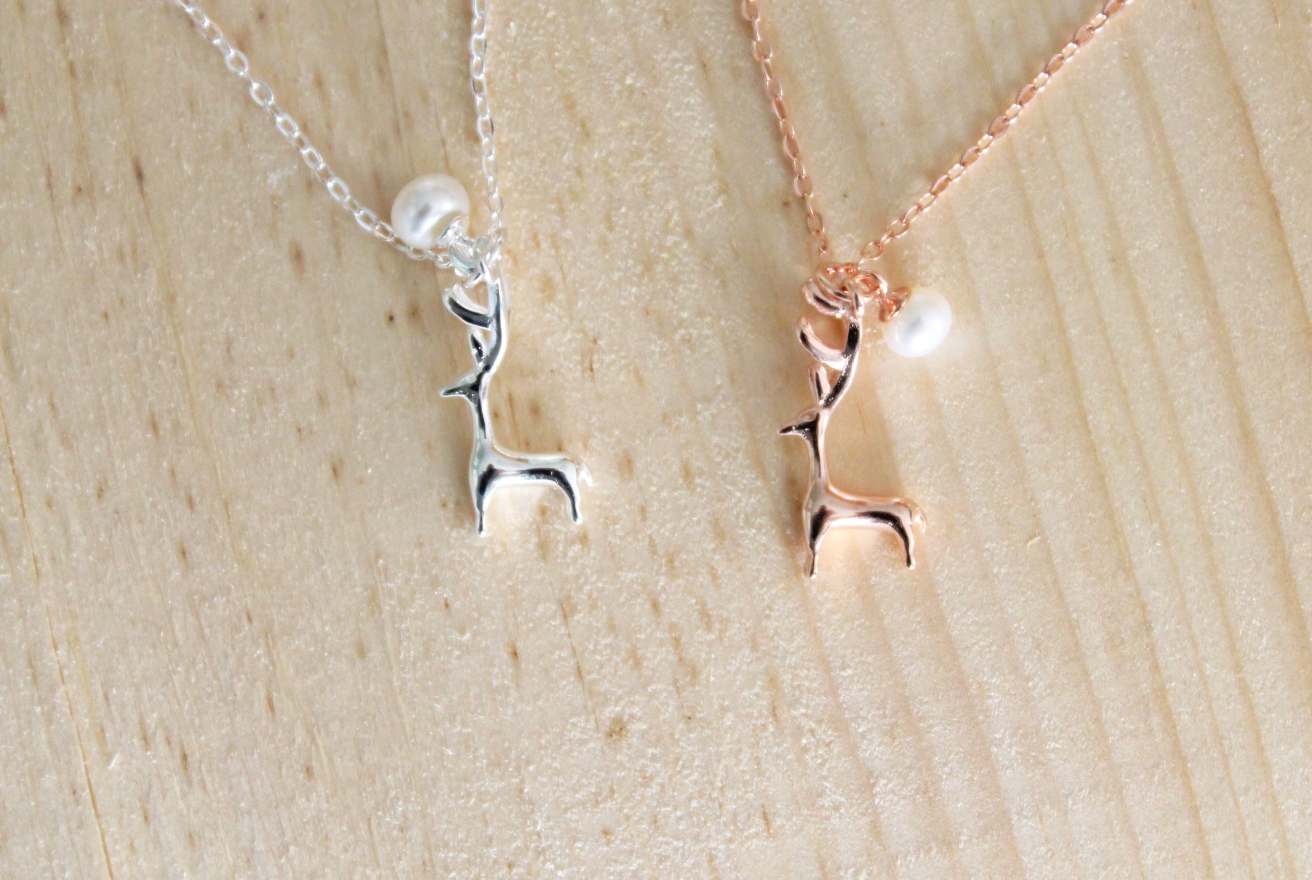 Reindeer and Pearl Necklace in Sterling Silver or Rose Gold Plated